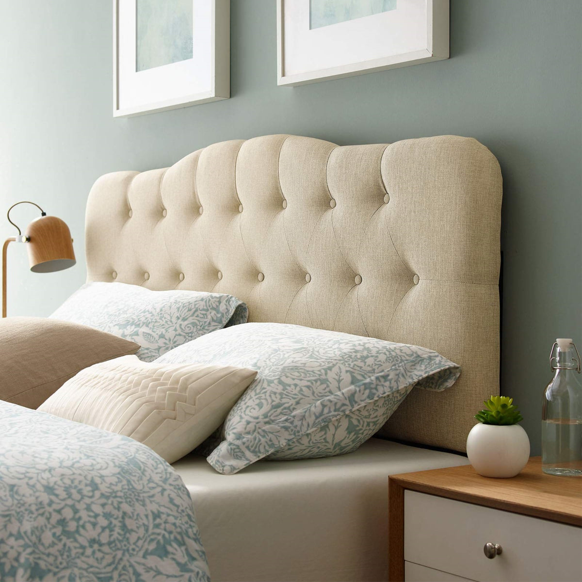 Casafoyer Annabel Tufted Button Linen Fabric Upholstered Queen Headboard In Beige