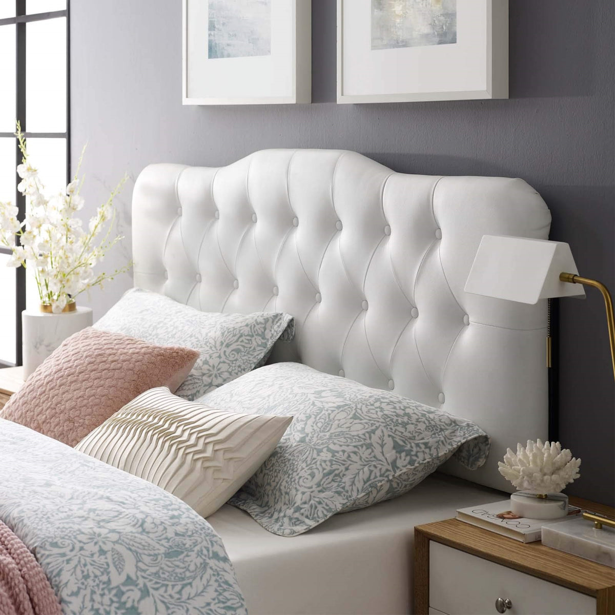 Casafoyer Annabel Tufted Button Faux Leather Upholstered Queen Headboard In White