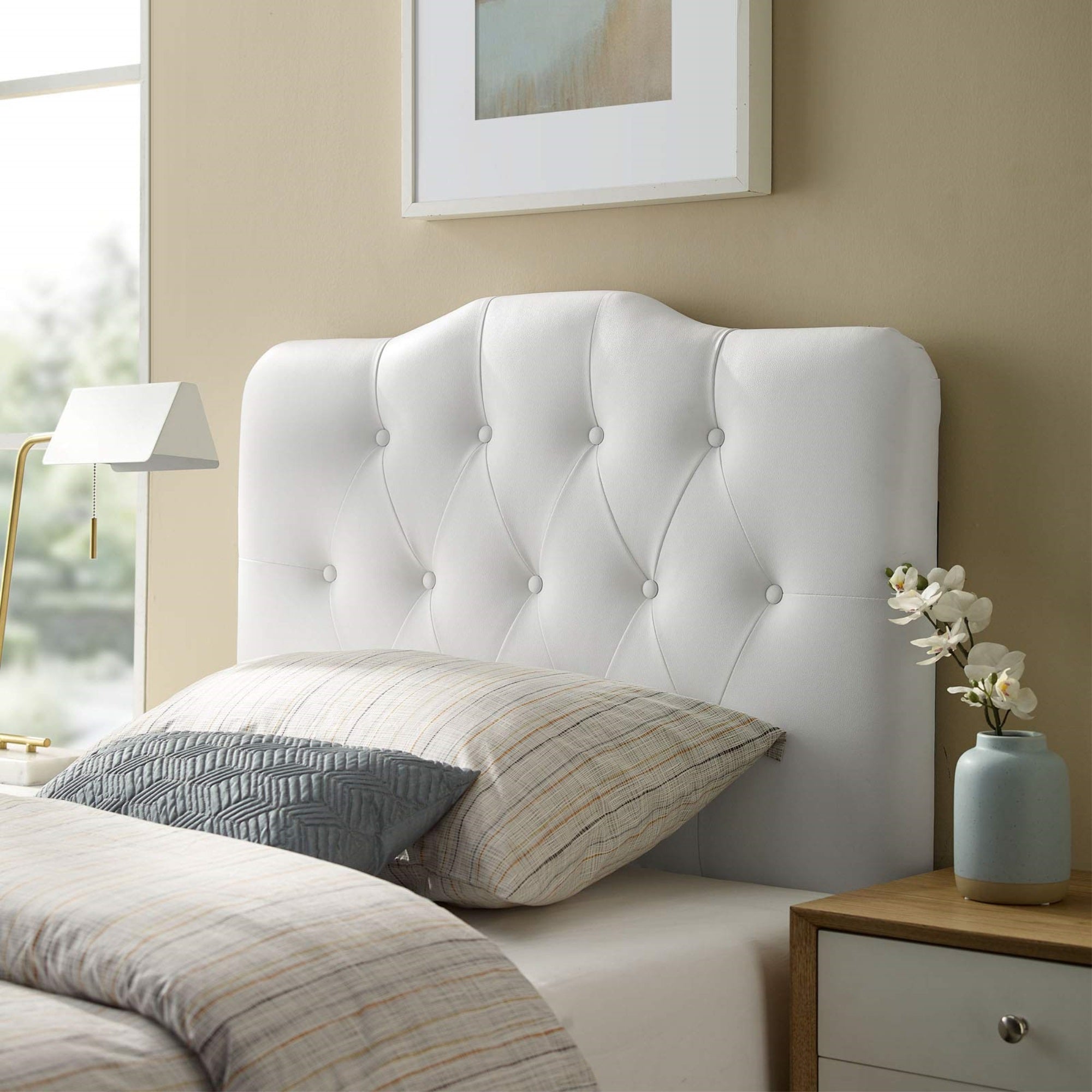 Casafoyer Annabel Tufted Button Faux Leather Upholstered Twin Headboard In White