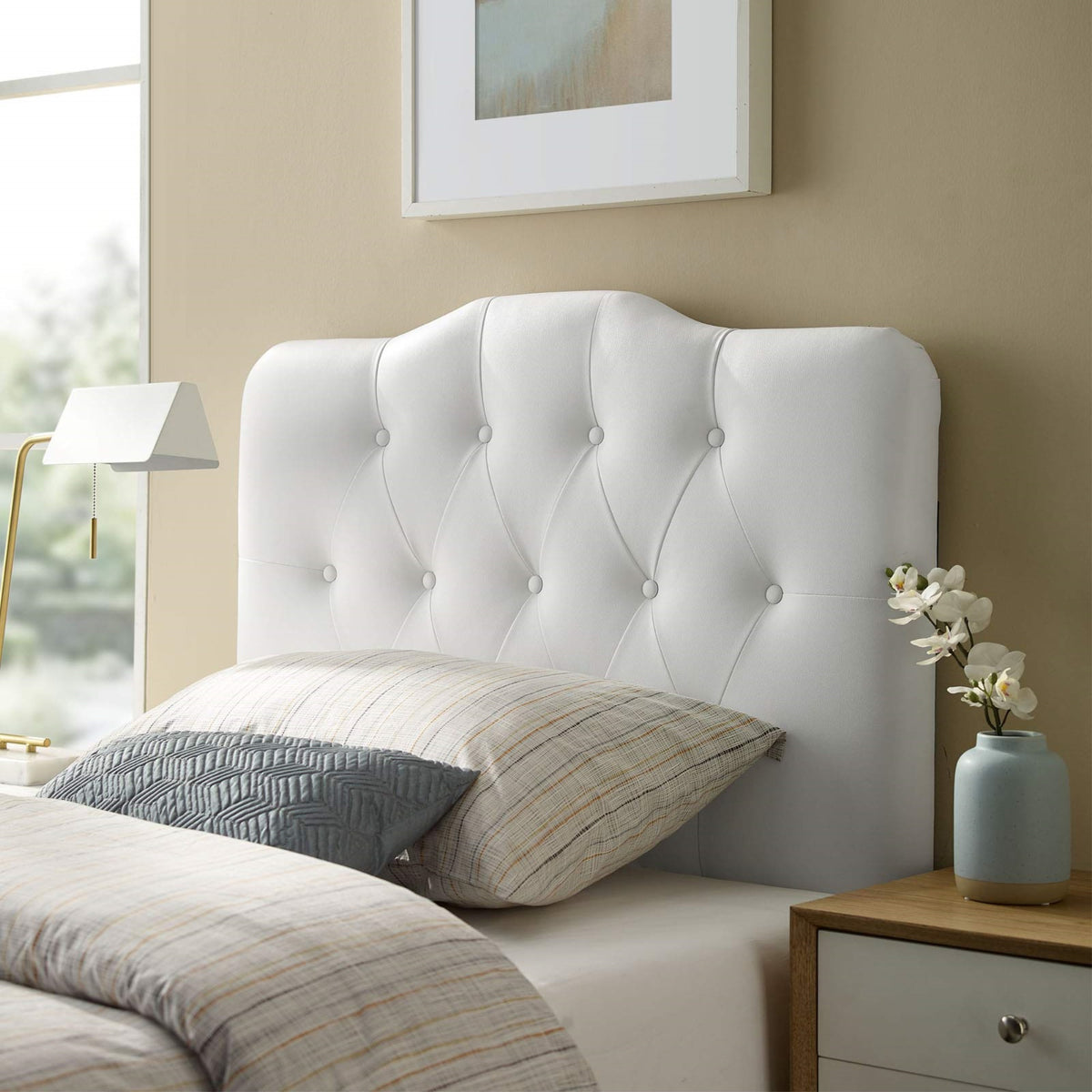 Casafoyer Annabel Tufted Button Faux Leather Upholstered Twin Headboard In White