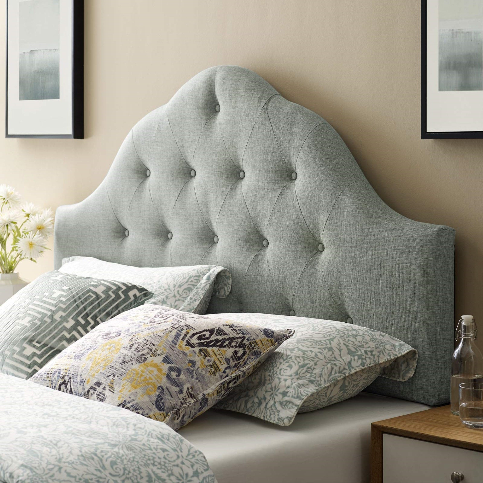 Casafoyer Sovereign Tufted Button Linen Fabric Upholstered Queen Headboard In Gray