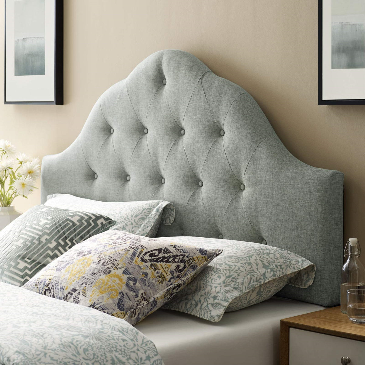 Casafoyer Sovereign Tufted Button Linen Fabric Upholstered Queen Headboard In Gray