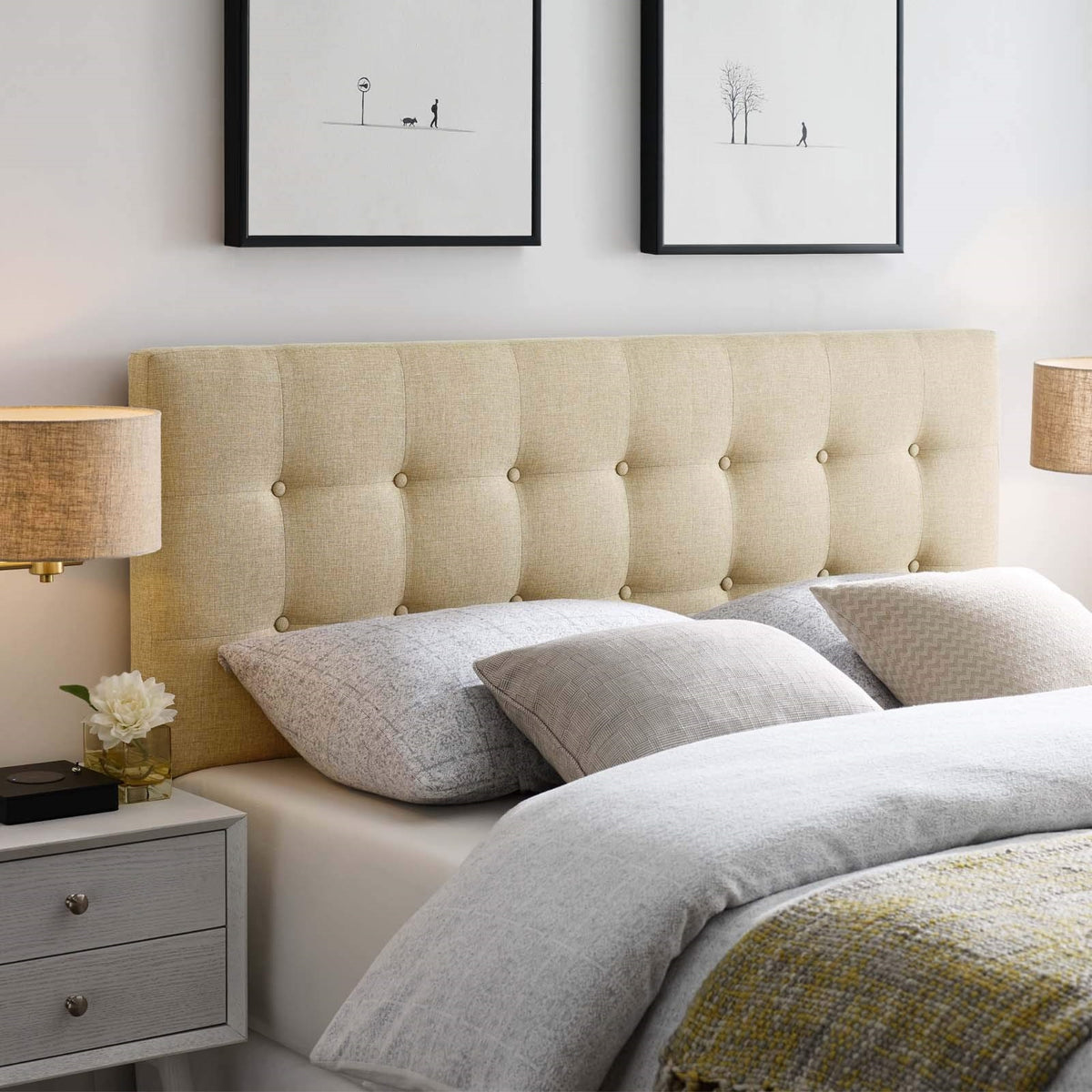 Casafoyer Emily Tufted Button Linen Fabric Upholstered Queen Headboard In Beige