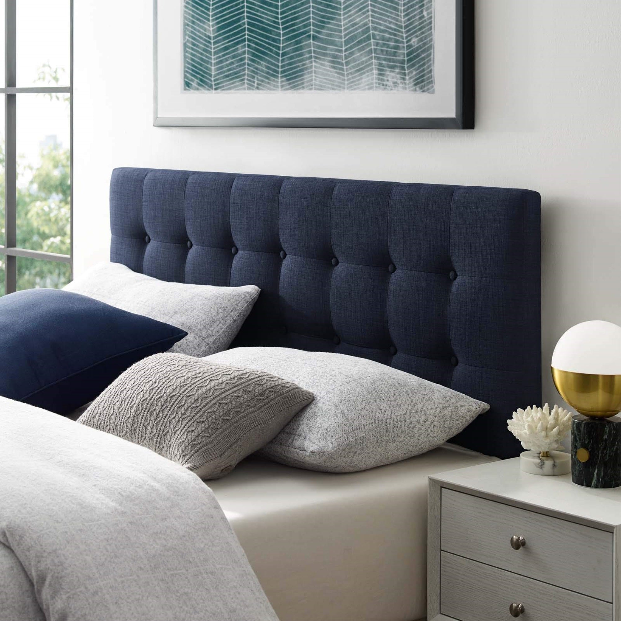 Casafoyer Emily Tufted Button Linen Fabric Upholstered Queen Headboard In Navy