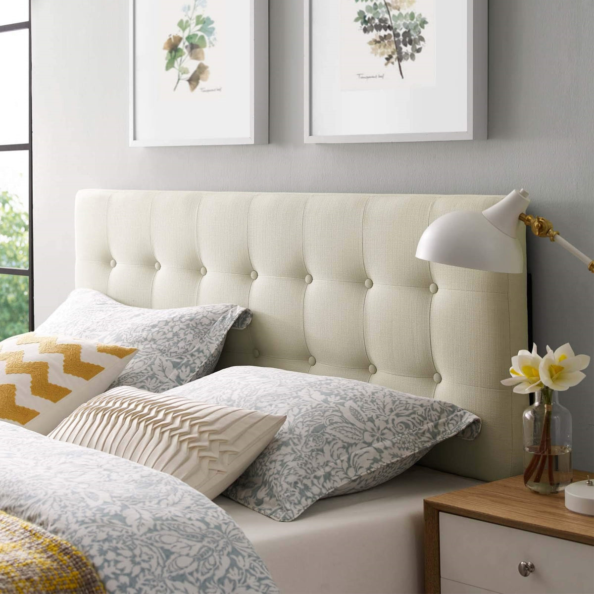 Casafoyer Emily Tufted Button Linen Fabric Upholstered Full Headboard In Ivory