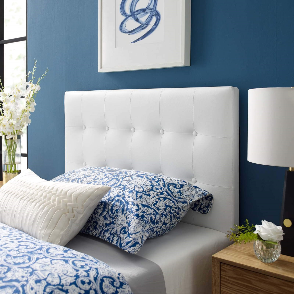 Casafoyer Emily Tufted Button Faux Leather Upholstered Twin Headboard In White
