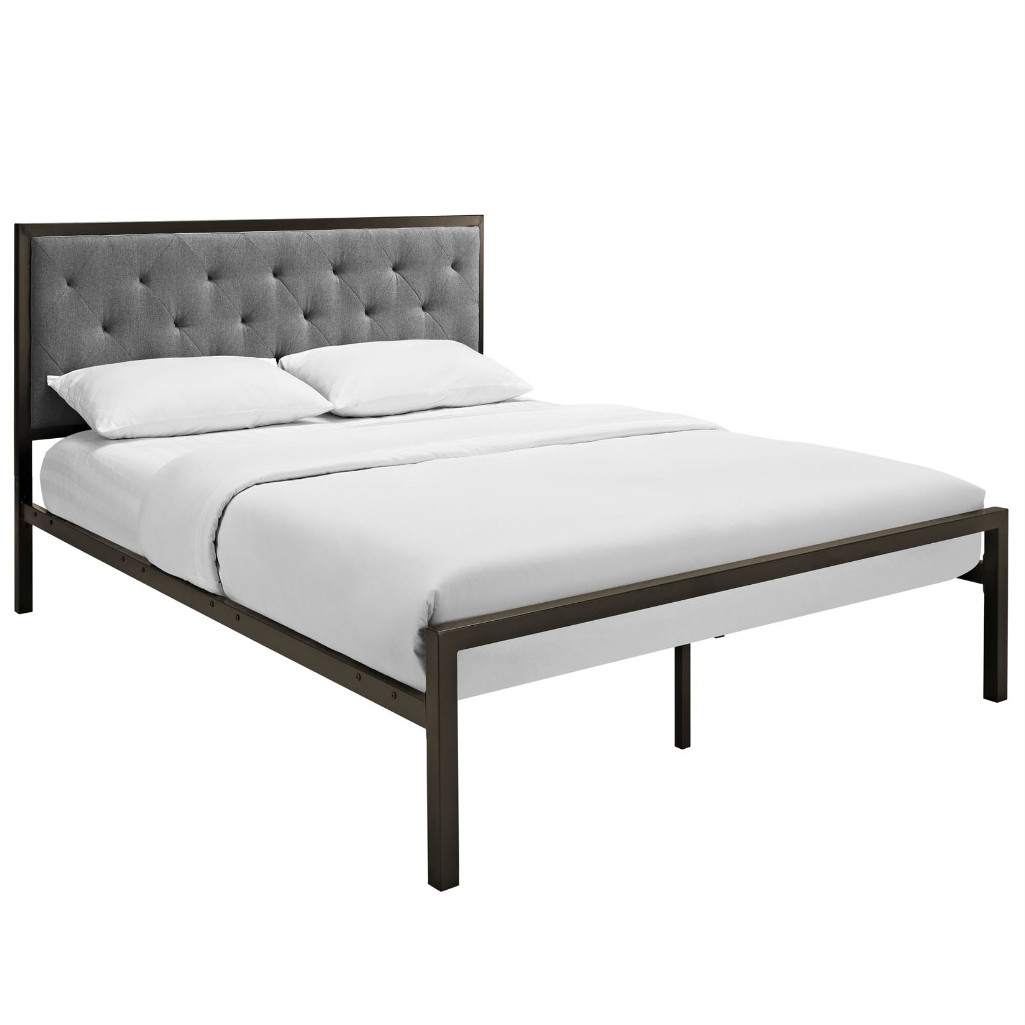 Mia Queen Platform Bed Frame - Tranquil Slumber, Durable Steel Frame, Luxurious Fabric Headboard, No Box Spring Needed. (Queen Mattress Not Included)