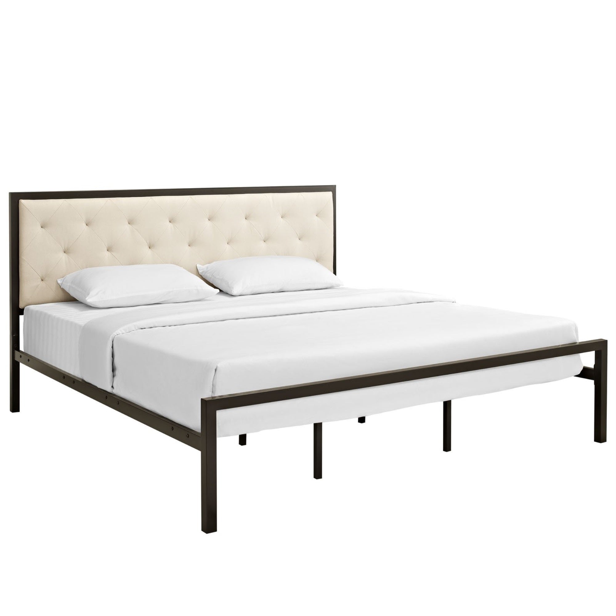 Casafoyer Mia Upholstered Brown Beige Tufted Platform Bed With Metal Slat Support In King