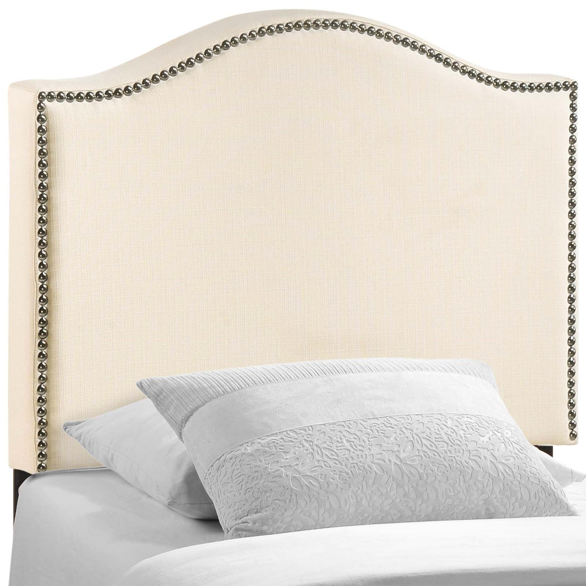 Stylish And Elegant Curl Twin Headboard - Linen Upholstered With Nail Button Trim - Modern Design - Comfortable And Supportive - Perfect For Twin Beds - Ivory
