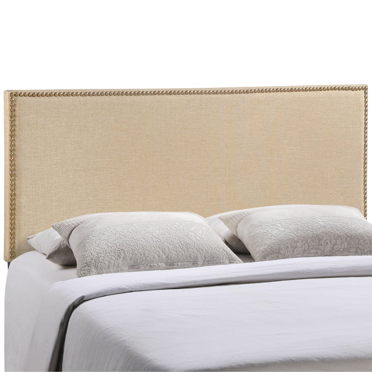 Casafoyer Region Linen Fabric Upholstered Queen Headboard In Cafe With Nailhead Trim