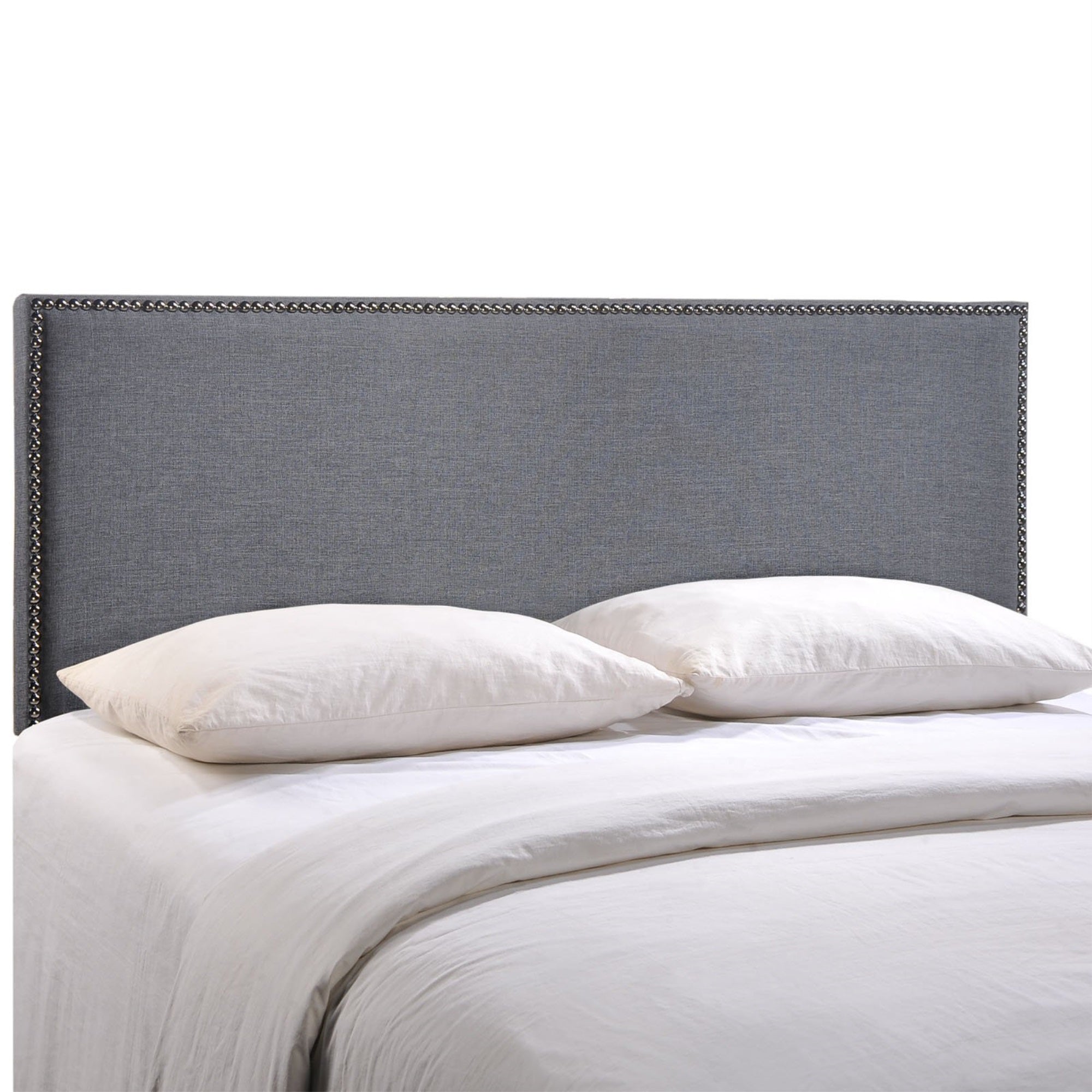 Casafoyer Region Linen Fabric Upholstered Queen Headboard In Smoke With Nailhead Trim