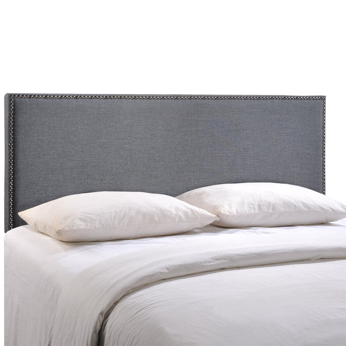 Casafoyer Region Linen Fabric Upholstered Queen Headboard In Smoke With Nailhead Trim
