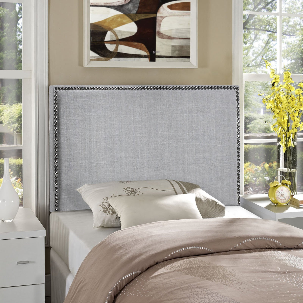 Casafoyer Region Linen Fabric Upholstered Twin Headboard In Gray With Nailhead Trim