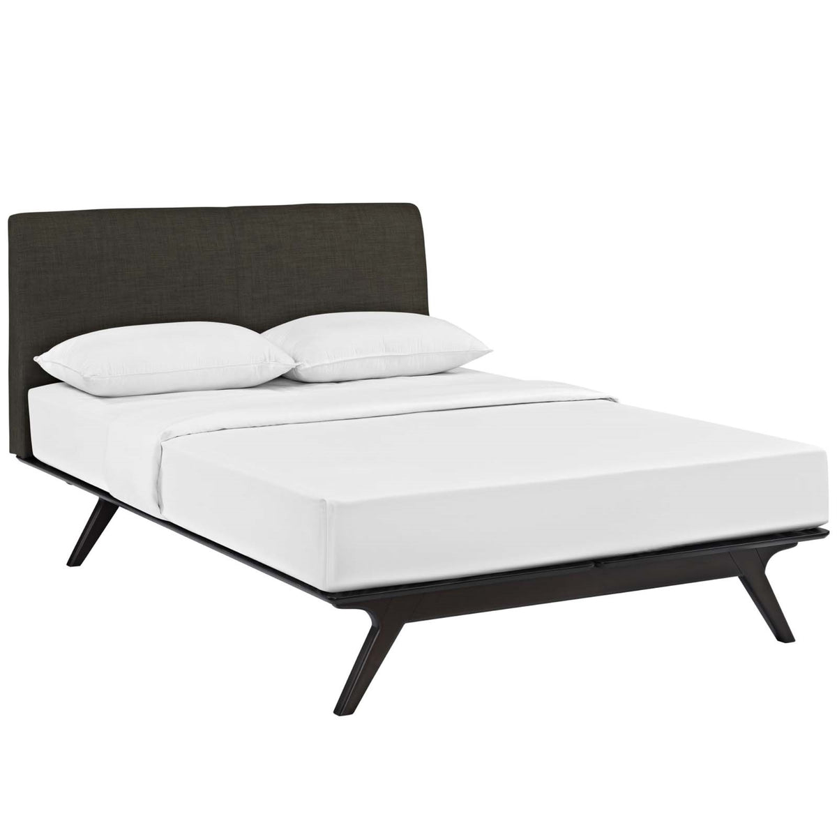 Tracy Queen Size Platform Bed - Toffee Brown Stained Frame, Open Design, Foam Padded Headboard, Durable Mdf, Assembly Required