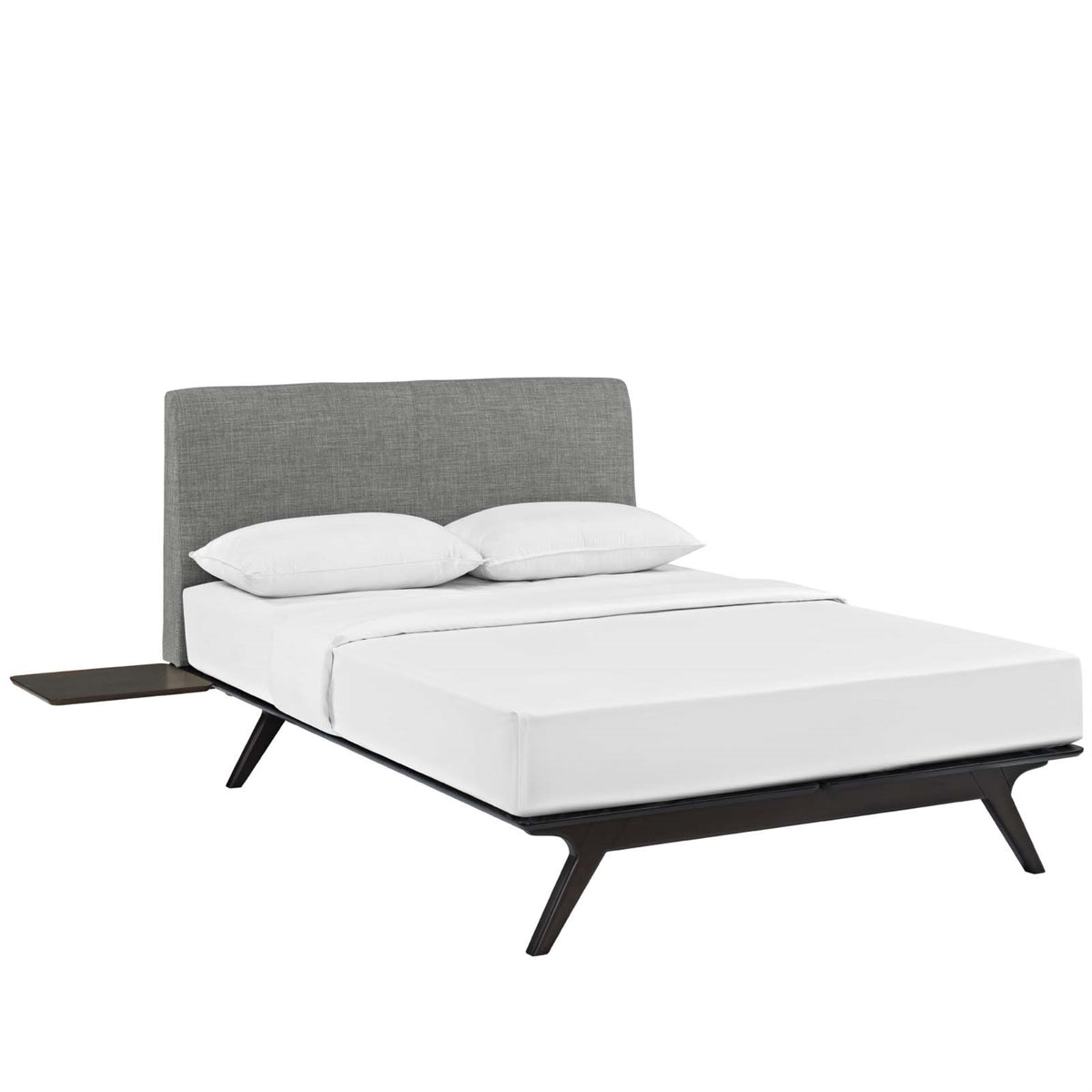 Tracy 3 Piece Queen Bedroom Set - Modern Open Design, Toffee Brown Upholstered Headboard, Platform Leg Support. Includes Bed Frame, Side Tables. Mattress Not Included.