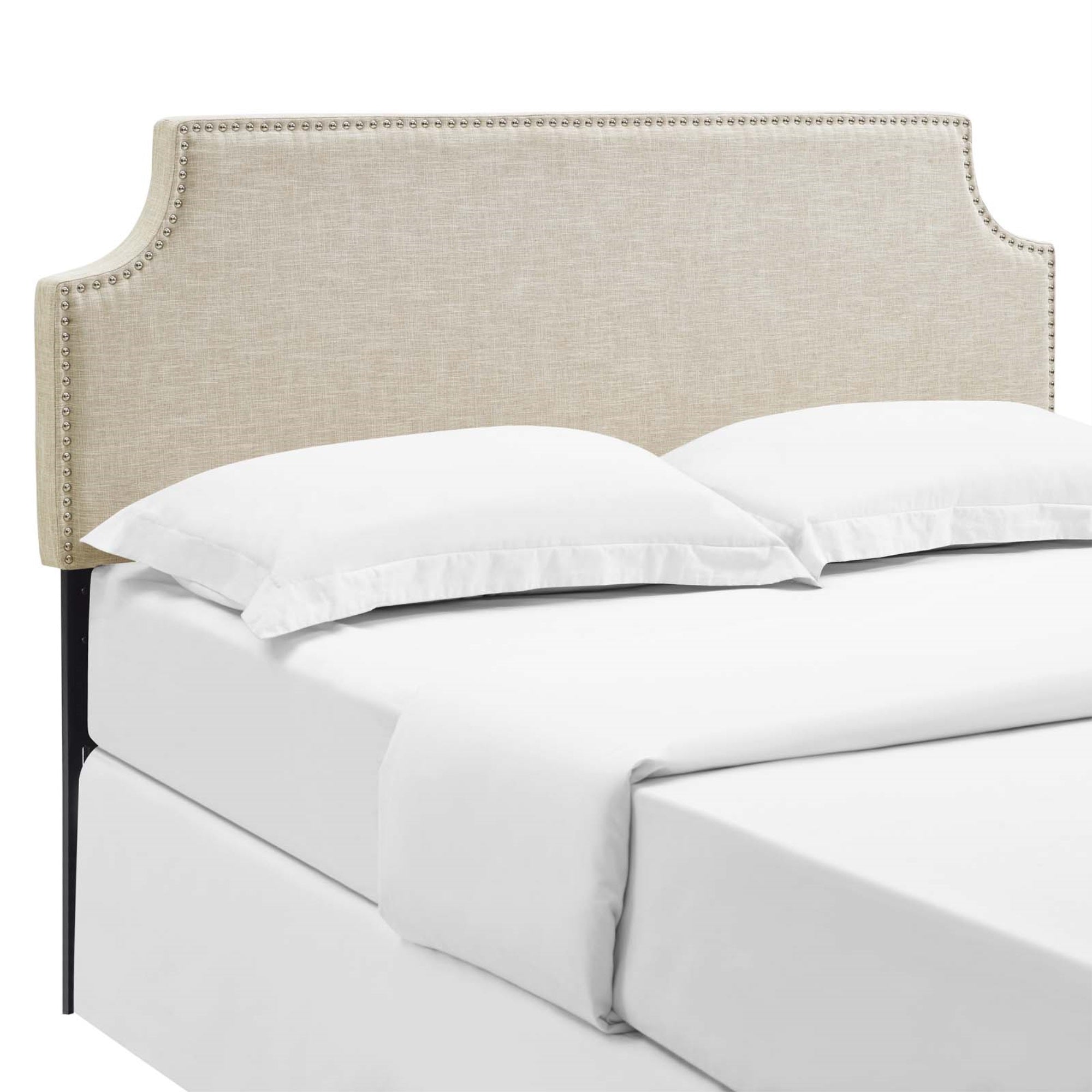 Ergode Laura Fabric Upholstered Queen Headboard - Sleek Design, Silver Nail Trim, Sturdy Wood Frame, Adjustable Legs, Luxurious Linen Fabric, Elegant Beige Color