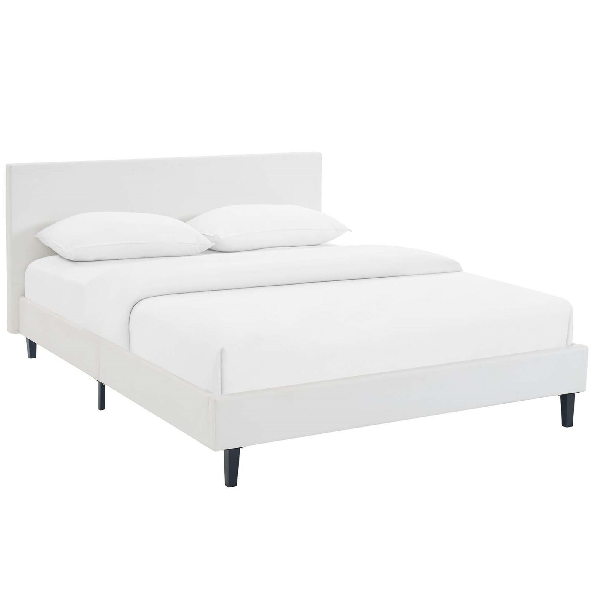 Anya Platform Bed - Contemporary Style, Cushioned Vinyl Headboard, Solid Wood Legs, Slatted Support System - Full Size, White
