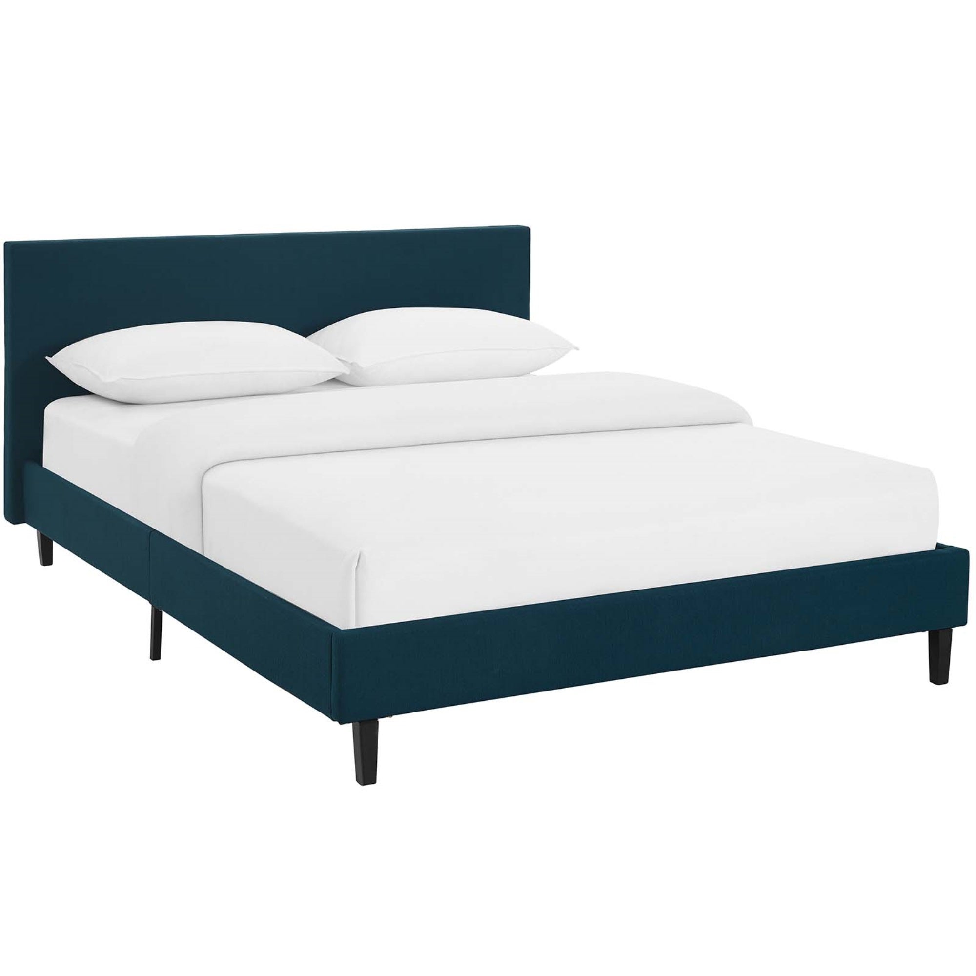 Anya Platform Bed - Trendy Avant-Garde Design, Upholstered Polyester Fabric, Solid Wood Legs, Slatted Wood Support System, Reinforced Center Beam, Accommodates Various Mattress Types, Weight Capacity 1300 Lbs.