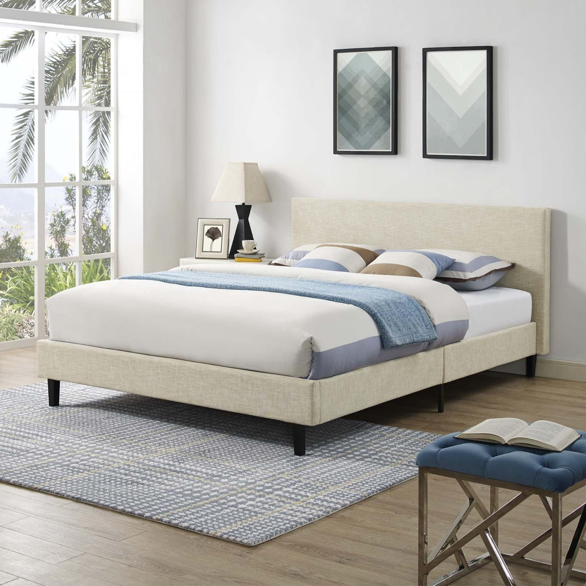 Casafoyer Anya Upholstered Beige Full Platform Bed With Wood Slat Support