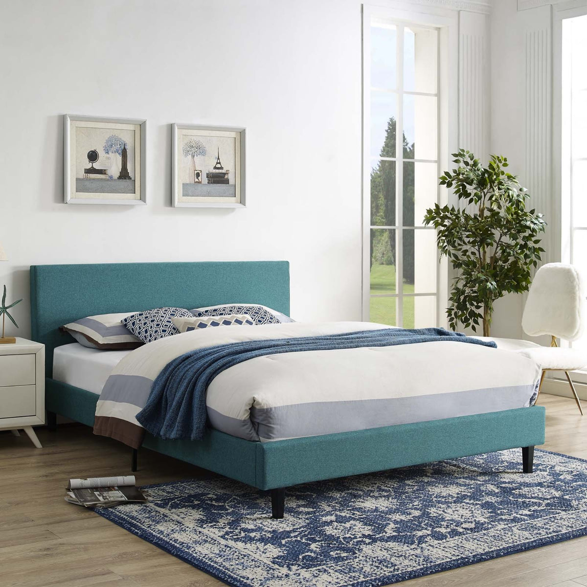 Casafoyer Anya Upholstered Teal Full Platform Bed With Wood Slat Support