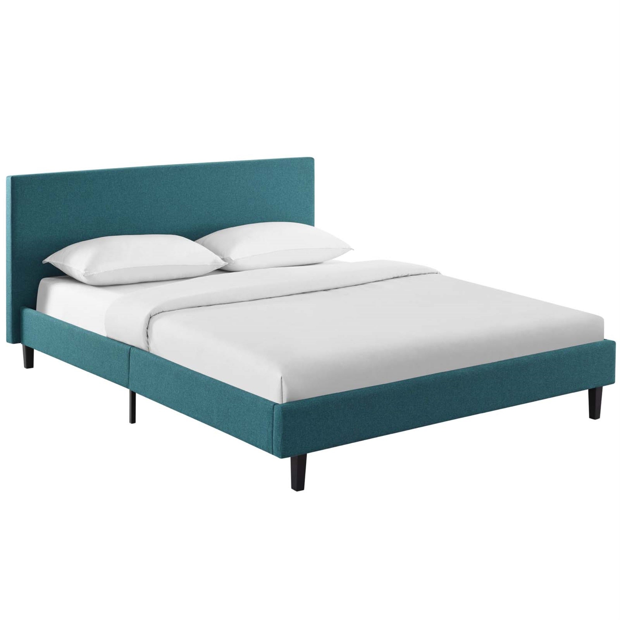 Anya Platform Bed - Contemporary Design, Upholstered Polyester Fabric, Solid Wood Legs, Slatted Support System - Full Size Bed (Teal)