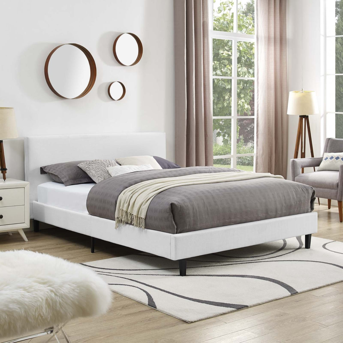 Casafoyer Anya Upholstered White Full Platform Bed With Wood Slat Support