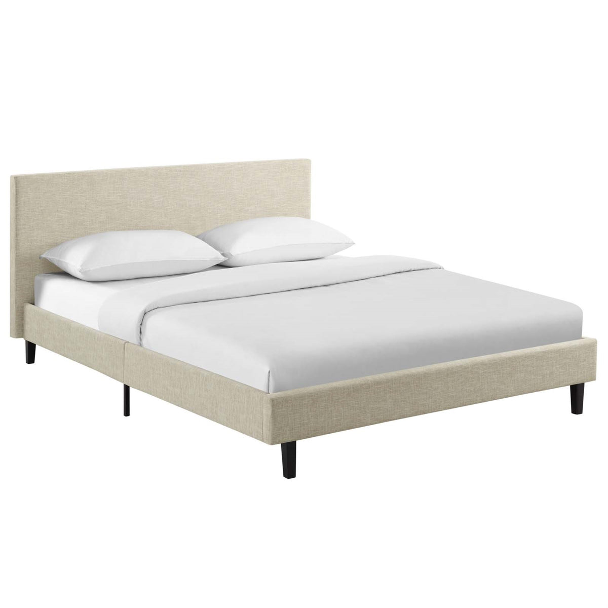Chic Anya Platform Bed - Polyester Fabric, Solid Wood Legs, Slatted Support System - Queen Size, Beige