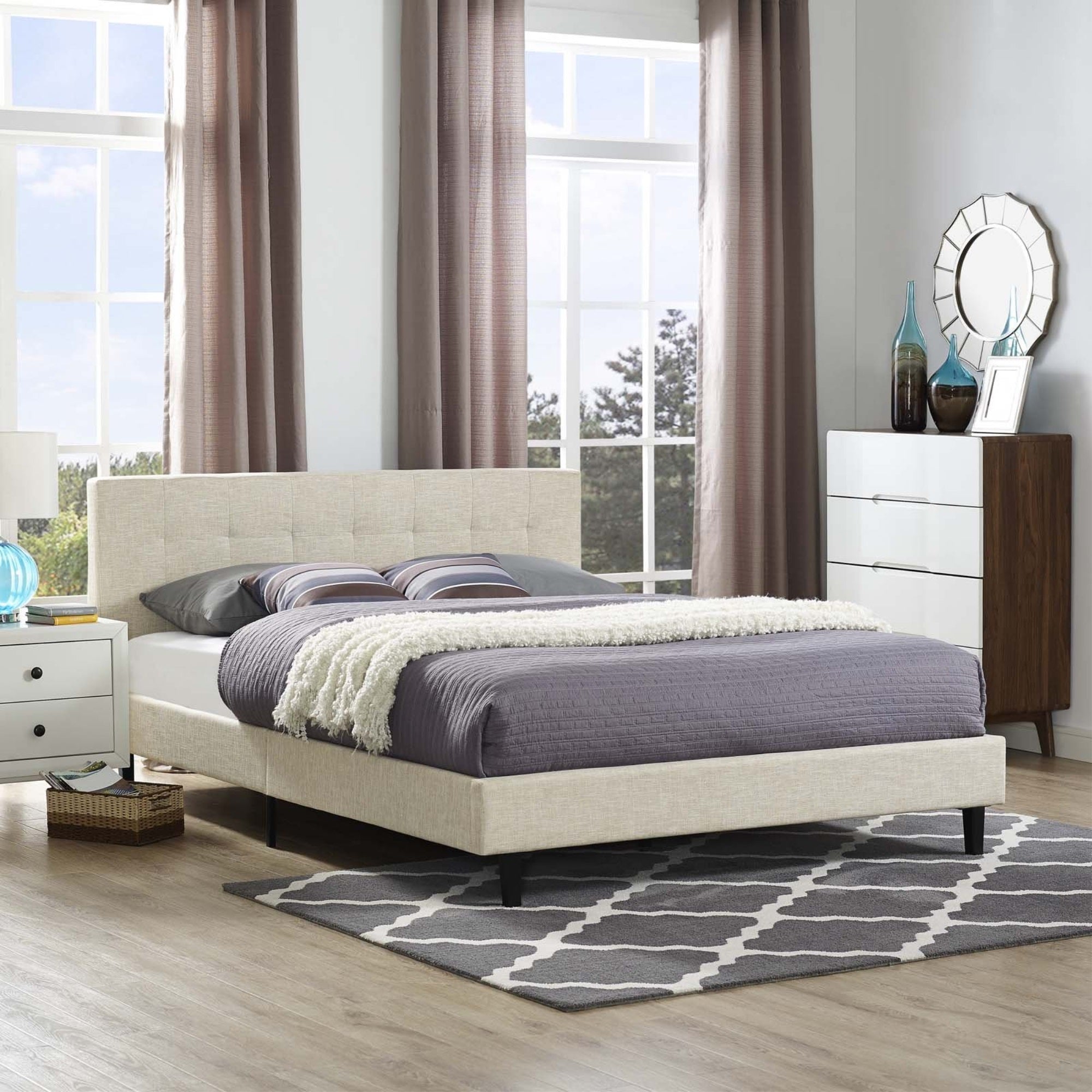 Casafoyer Mod-5424-Bei Linnea Upholstered Beige Full Platform Bed With Wood Slat Support