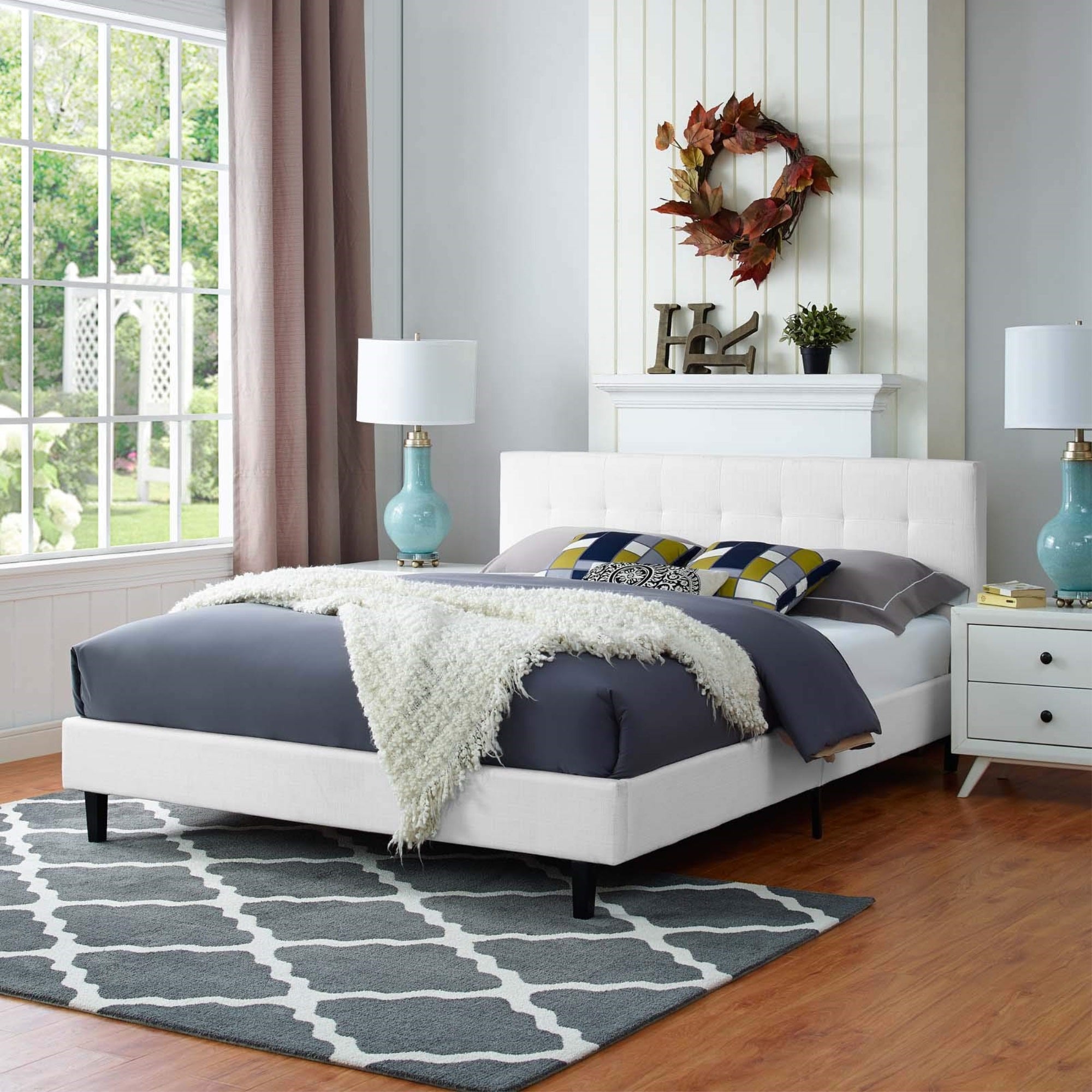 Casafoyer Linnea Upholstered White Full Platform Bed With Wood Slat Support