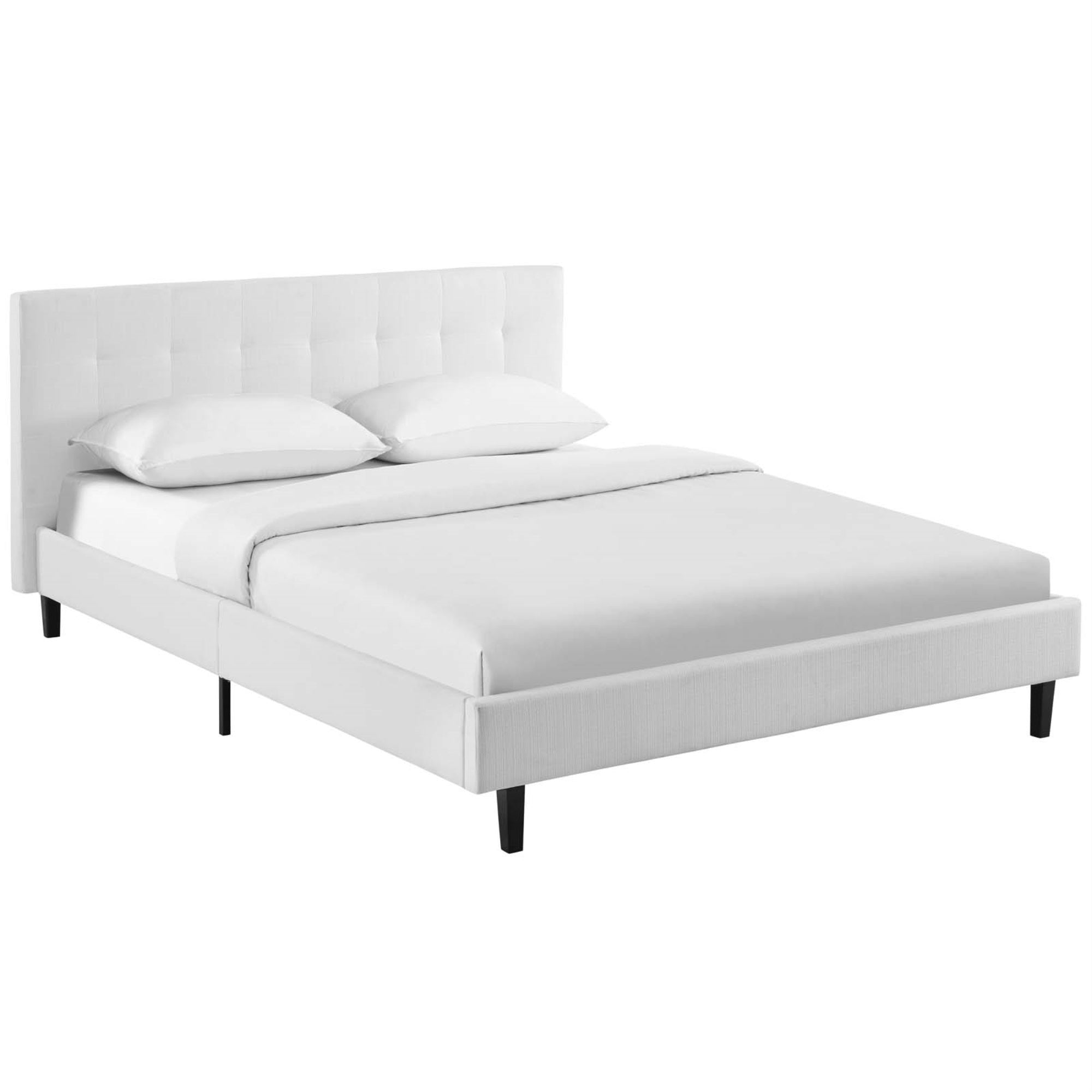 Linnea Platform Bed - Elegant Upholstered Tufted Headboard, Solid Wood Legs, No Box Spring Needed - Supports Memory Foam, Spring, Latex, Hybrid Mattresses - Chic-Luxe Look - 1300 Lbs Weight Capacity - Linnea Full Bed Frame Included (White)