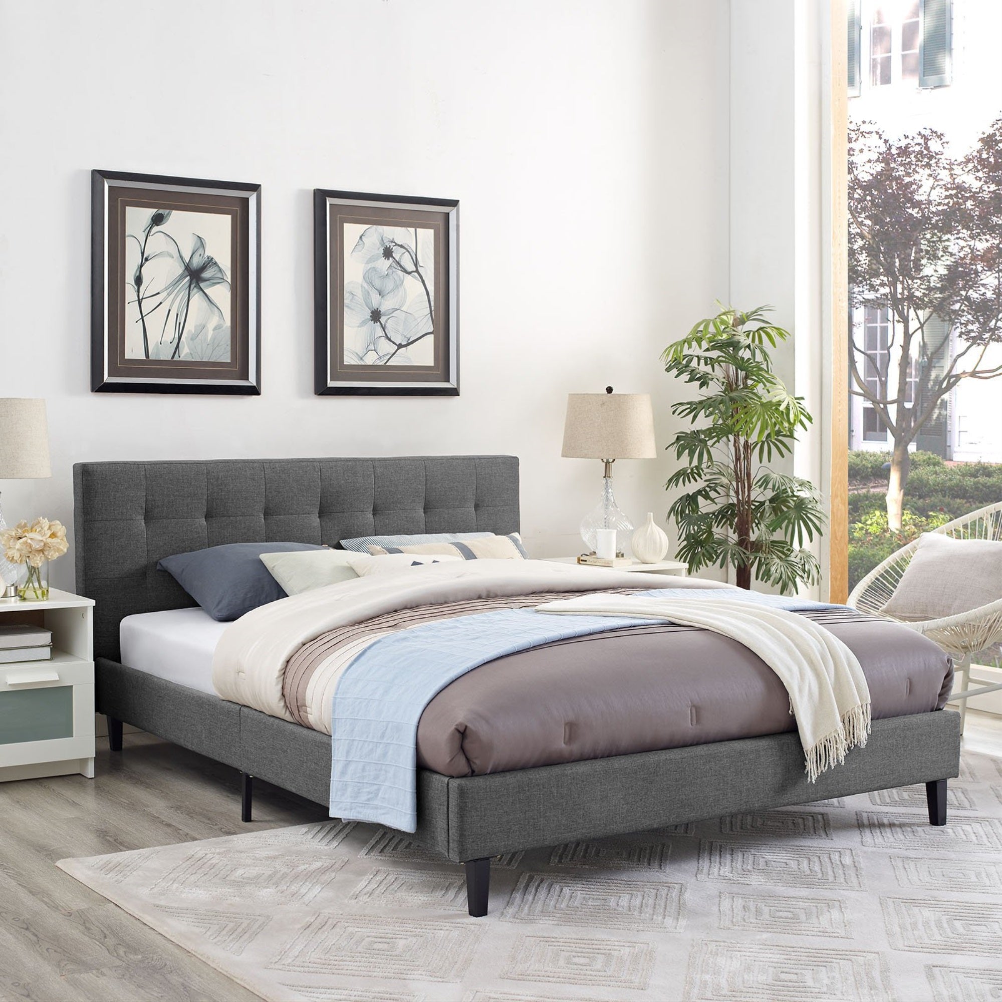 Casafoyer Linnea Upholstered Gray Queen Platform Bed With Wood Slat Support