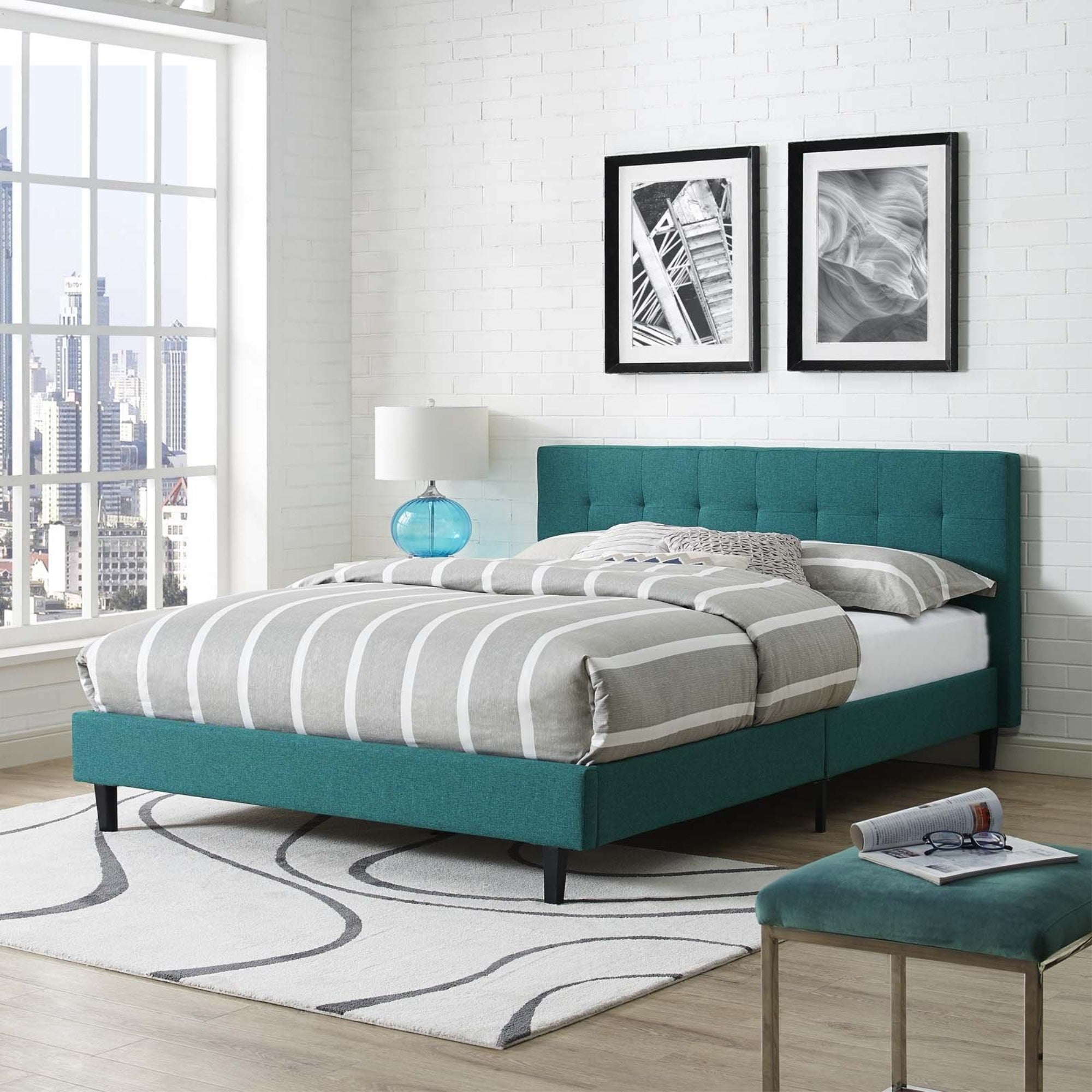 Casafoyer Linnea Upholstered Teal Queen Platform Bed With Wood Slat Support