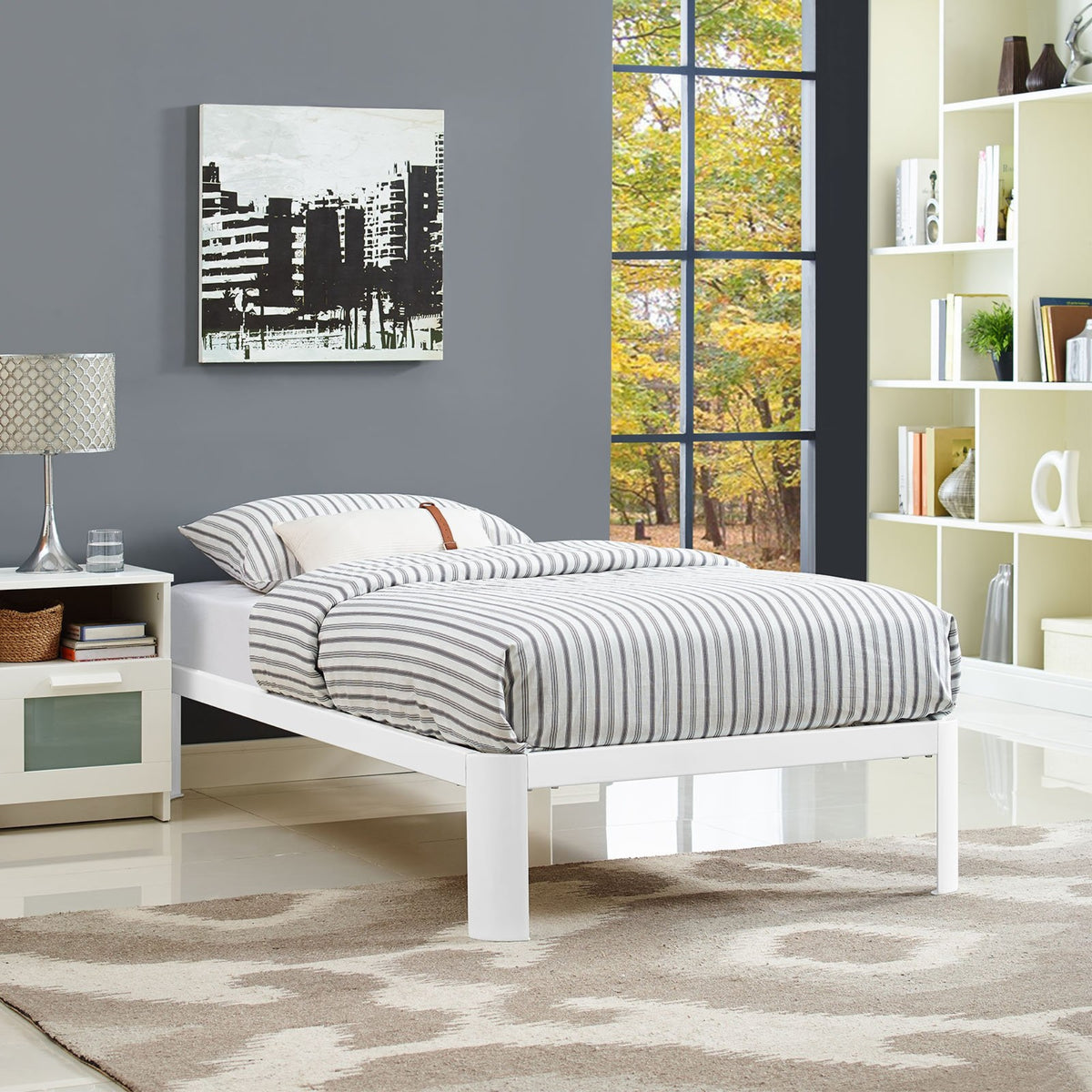 Casafoyer Corinne Steel Modern Mattress Foundation Twin Bed Frame With Wood Slat Support In White