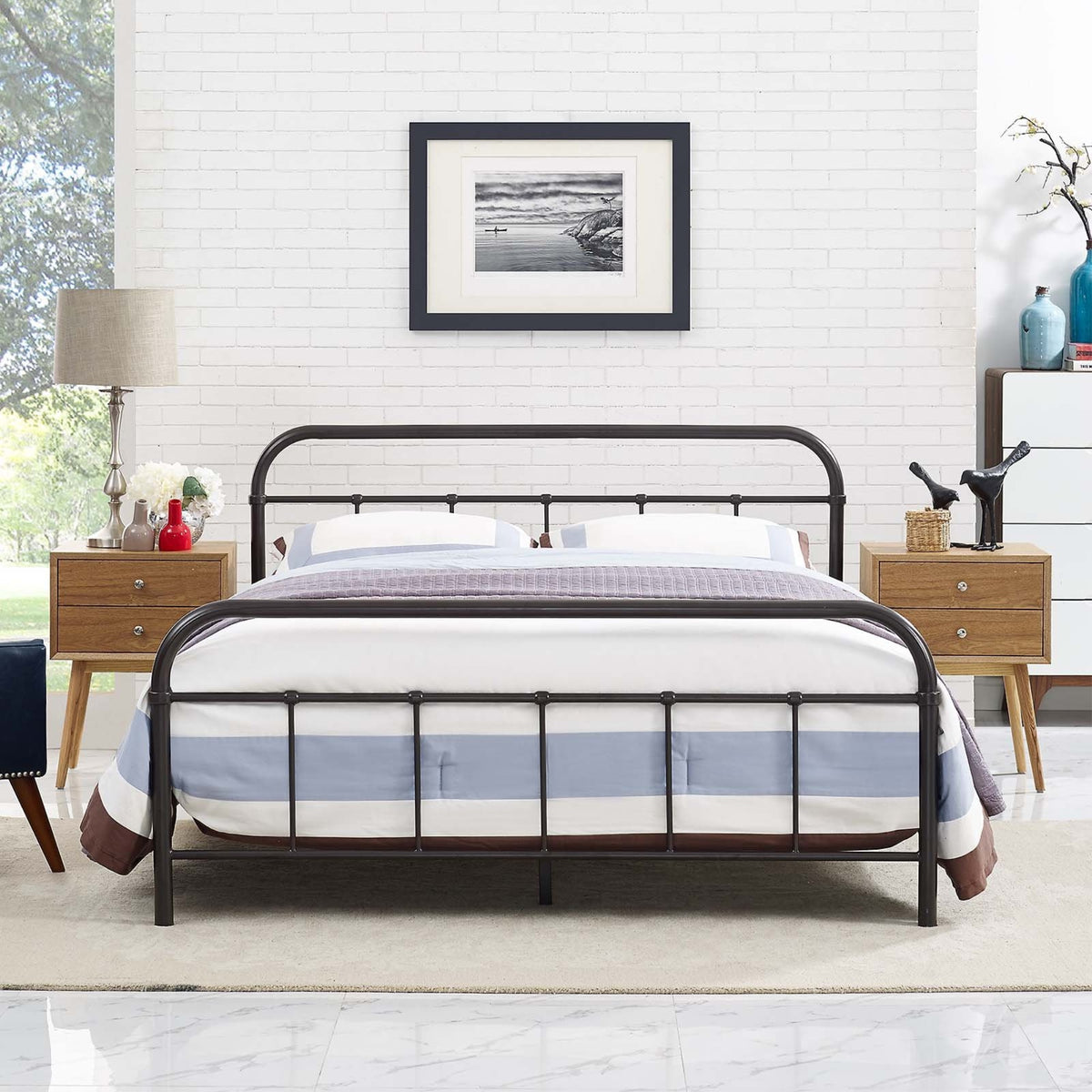 Casafoyer Maisie Steel Metal Farmhouse Platform Queen Bed Frame With Headboard In Brown