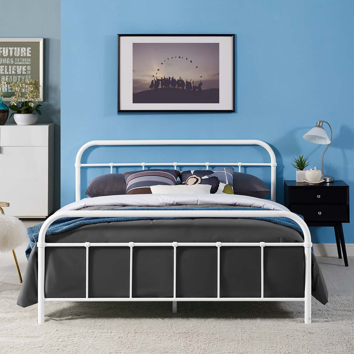 Casafoyer Maisie Steel Metal Farmhouse Platform Queen Bed Frame With Headboard In White