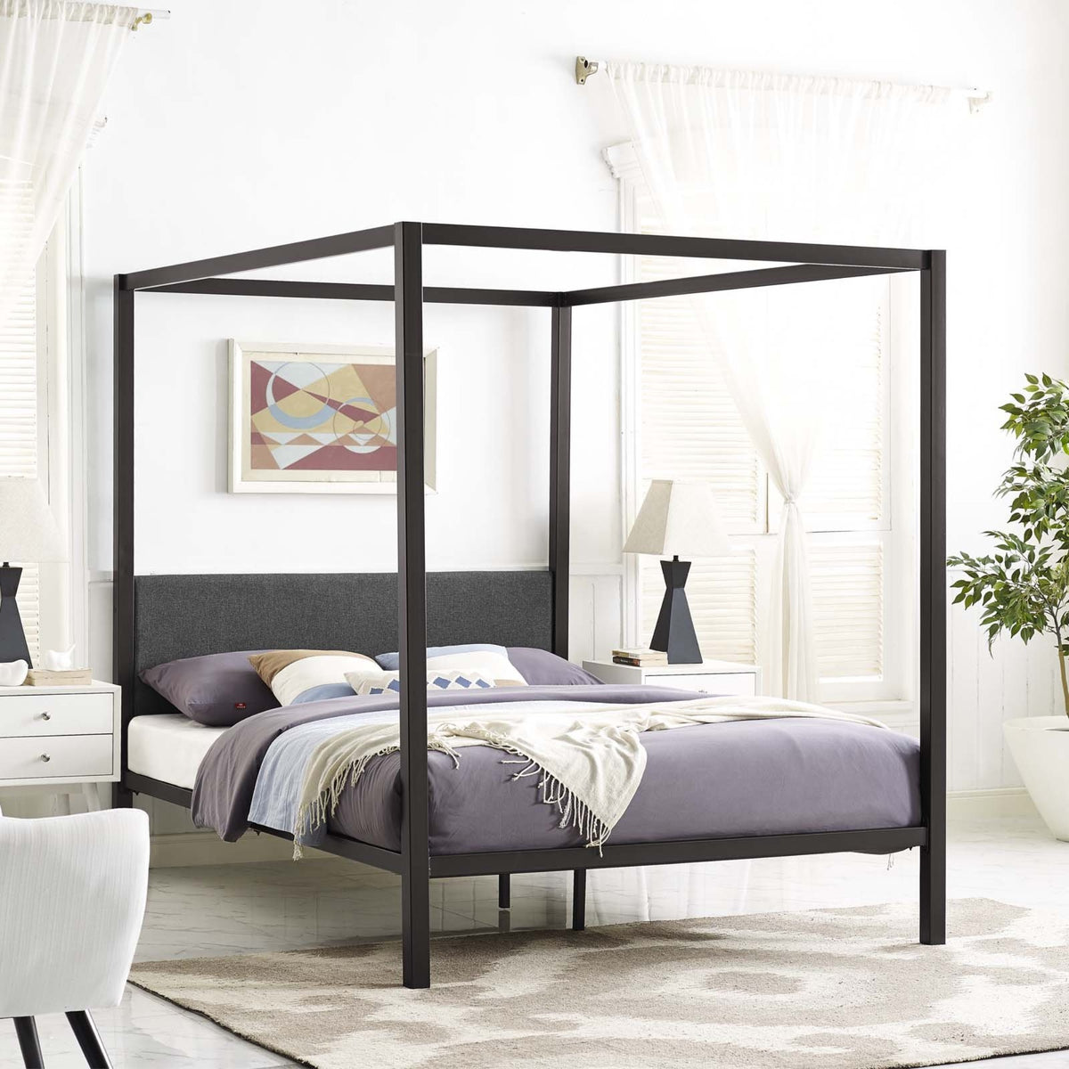 Casafoyer Raina Metal Queen Canopy Bed Frame With Upholstered Gray Fabric Headboard In Brown Gray