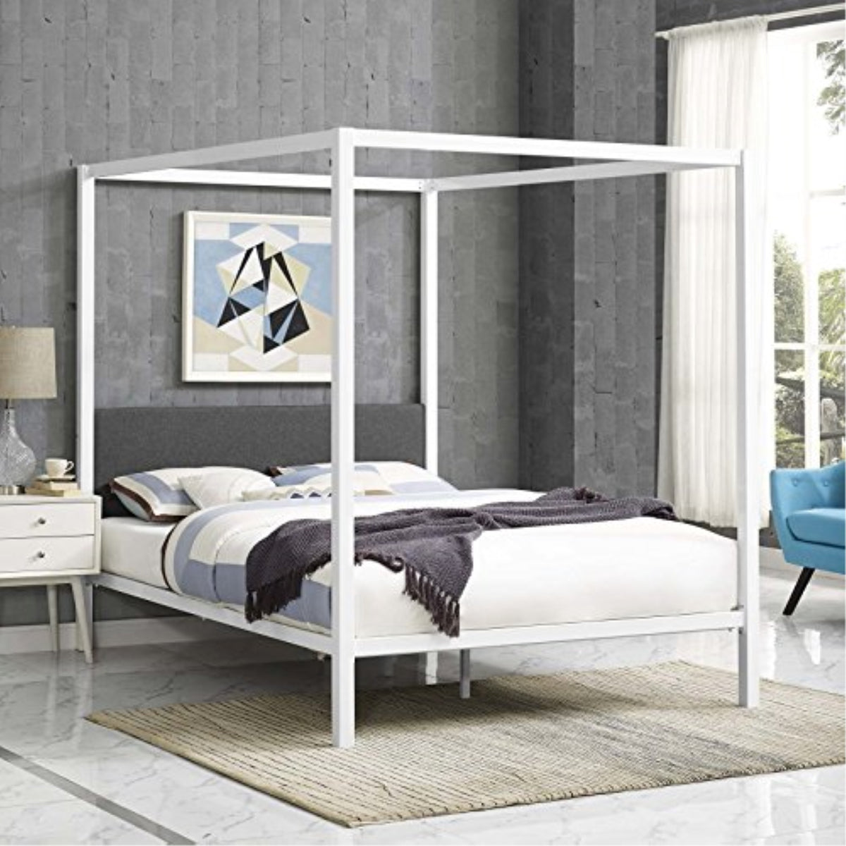 Casafoyer Raina Metal Queen Canopy Bed Frame With Upholstered Gray Fabric Headboard In White Gray