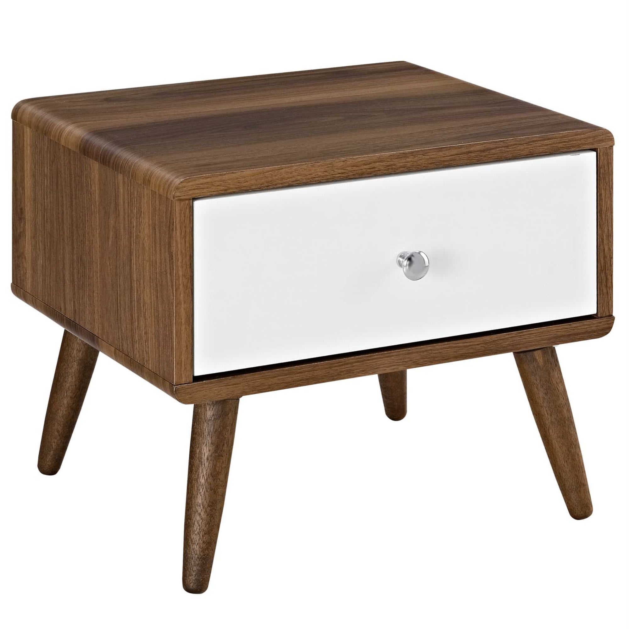Transmit Nightstand - Mid-Century Design, White Lacquer Drawer, Ample Storage, Walnut Grain Finish, Tapered Wood Legs, Bedroom/Living Room Essential