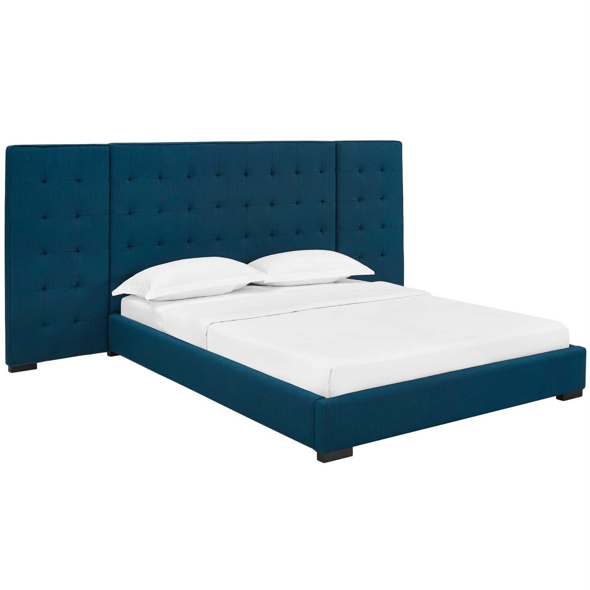 Sierra Queen Upholstered Fabric Platform Bed - Timeless Charm, Soft Polyester Upholstery, Foam Padded, Wall Panels, Black-Stained Wood Legs, Biscuit Tufting, Sturdy Slat Support System, 1322 Lbs Weight Capacity.