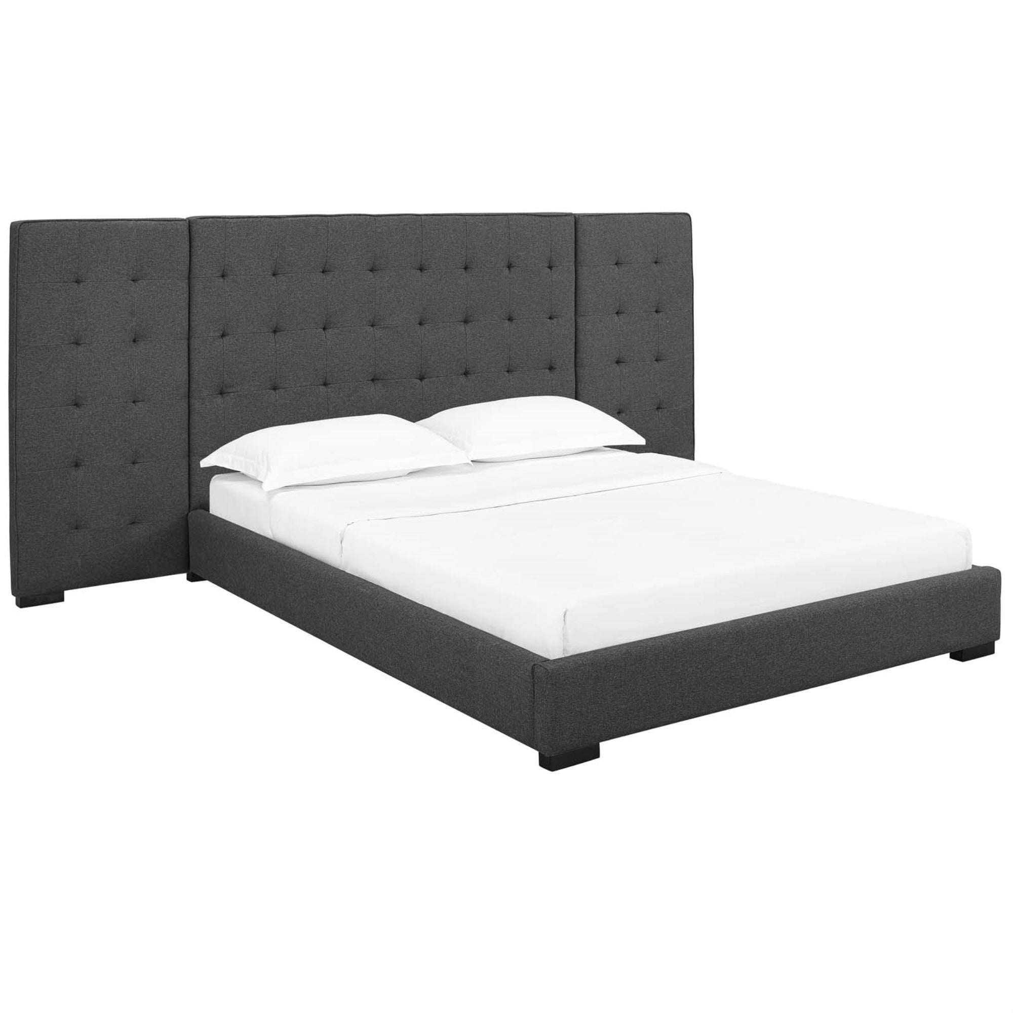 Sierra Queen Upholstered Fabric Platform Bed - Timeless Charm, Soft Polyester Upholstery, Foam Padded, Wall Panels, Black-Stained Wood Legs, Biscuit Tufting, Sturdy Slat Support, Accommodates Various Mattresses, 1322 Lbs Weight Capacity
