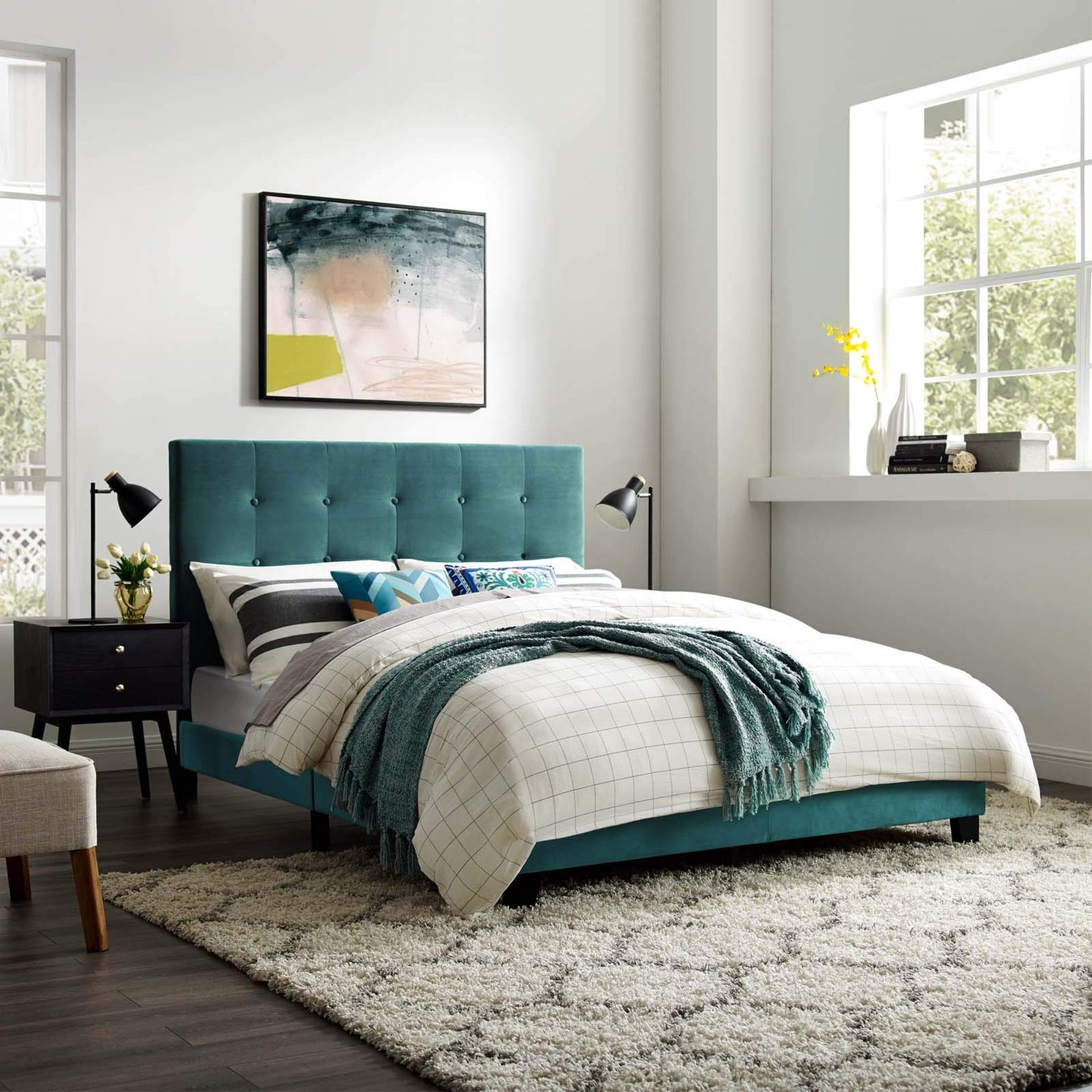 Casafoyer Melanie Performance Velvet Upholstered Tufted Full Platform Bed In Sea Blue
