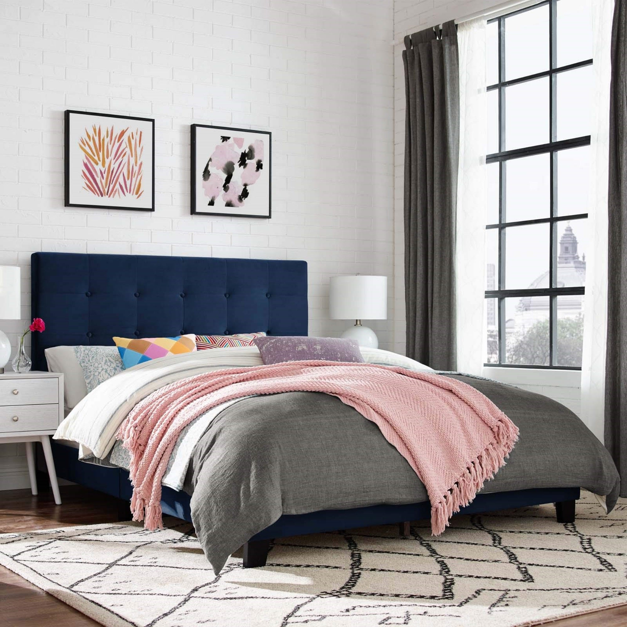 Casafoyer Melanie Performance Velvet Upholstered Tufted Queen Platform Bed In Midnight Blue