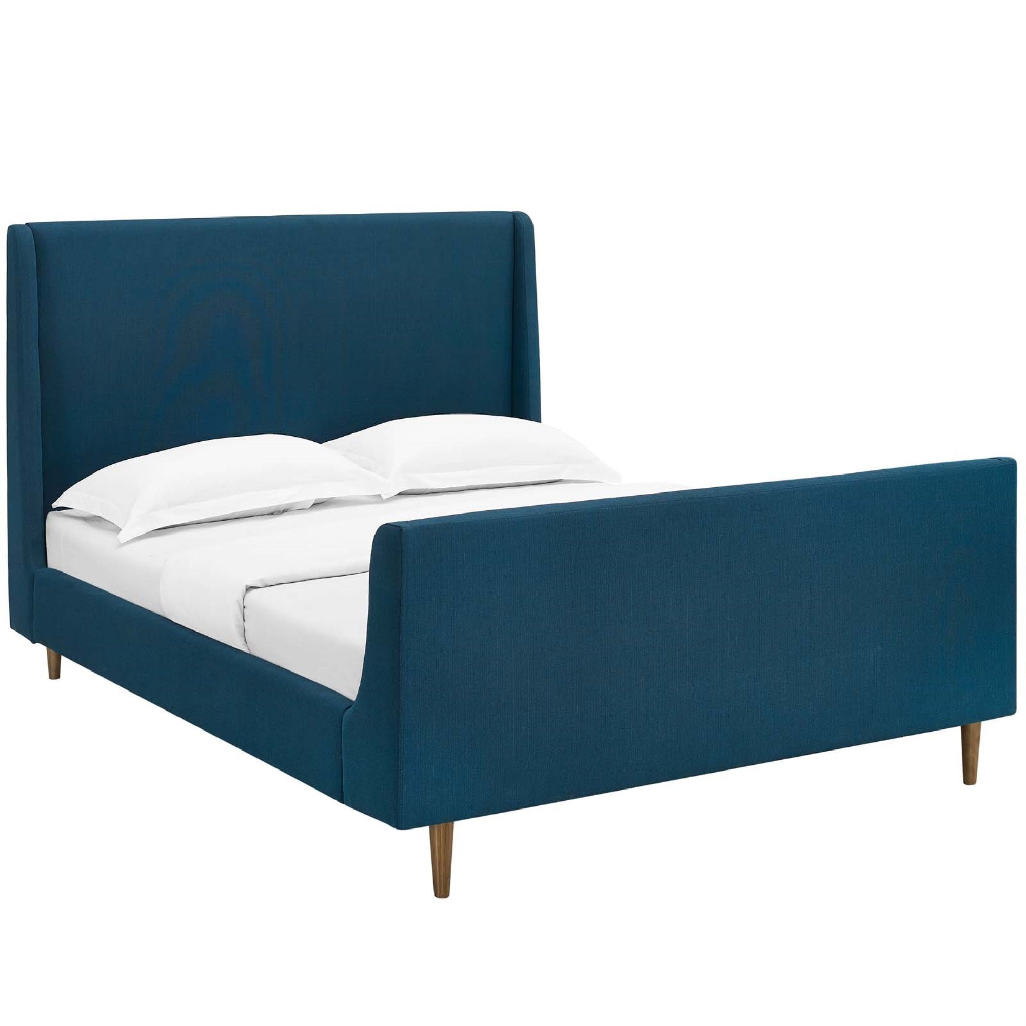 Aubree Upholstered Fabric Sleigh Queen Platform Bed - Modern Design, Wingback Headboard, Walnut Legs, Polyester Fabric, Wood Slat Support