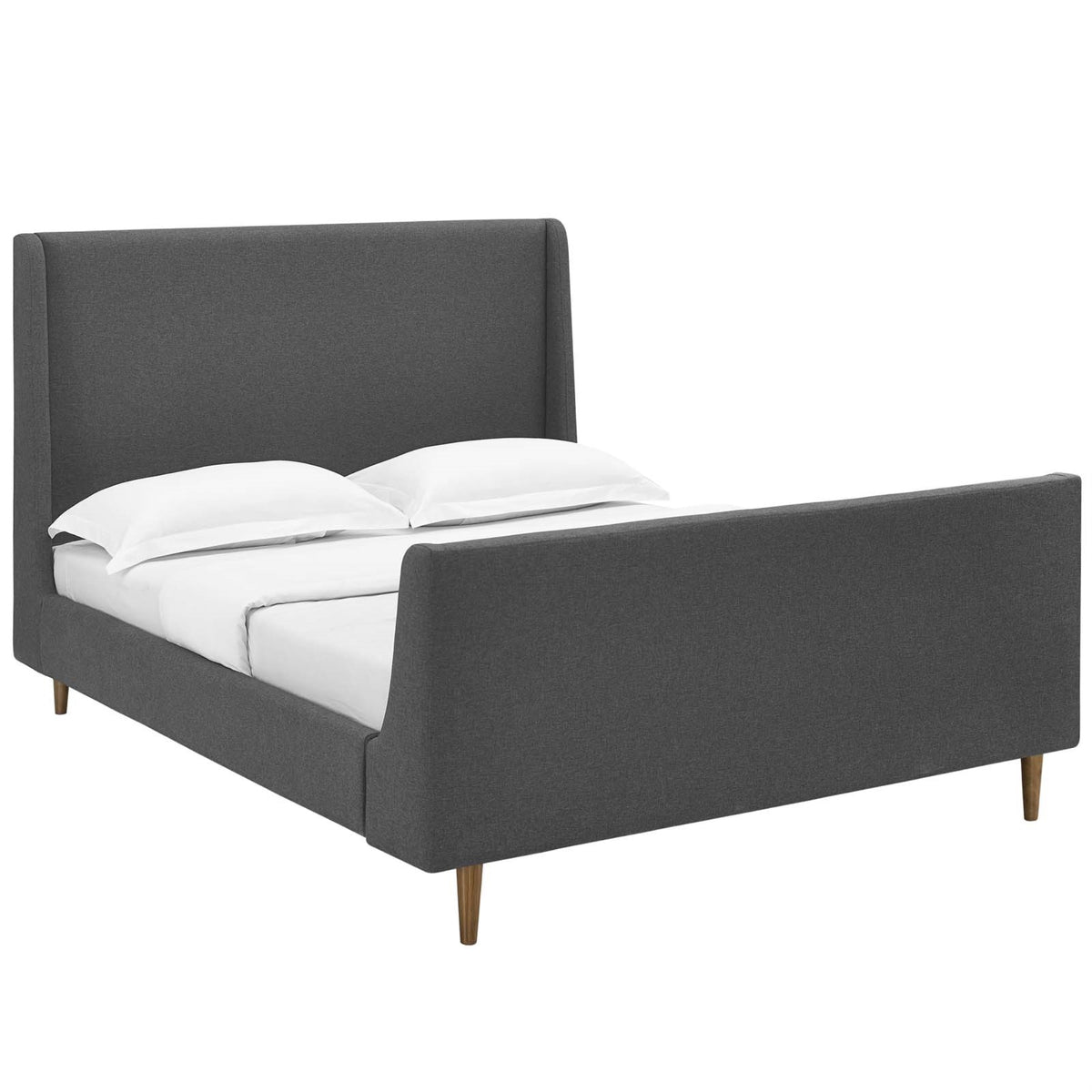 Aubree Upholstered Fabric Sleigh Queen Platform Bed - Contemporary Design, Padded Headboard, Walnut Legs, Polyester Upholstery, Sturdy Support System.