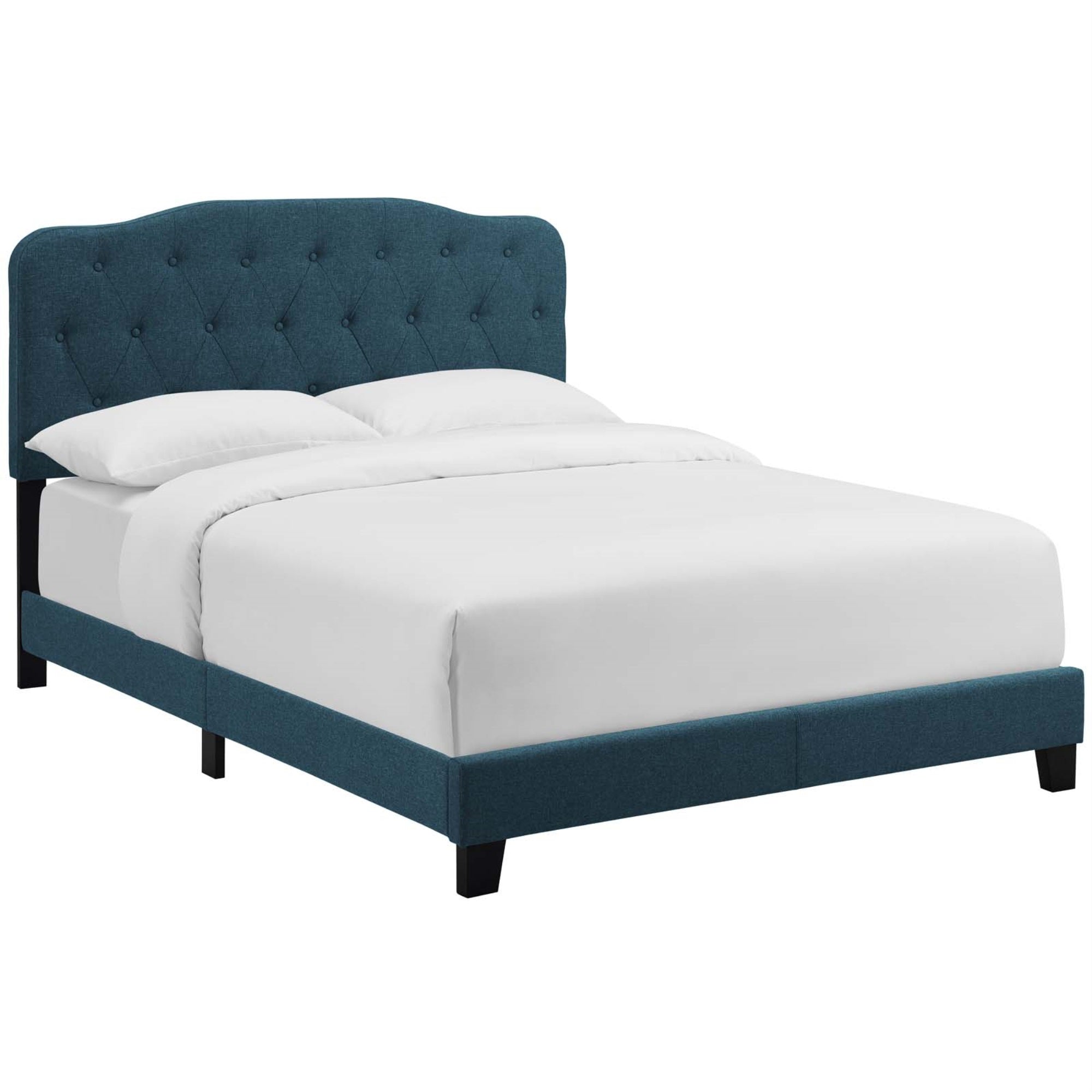 Amelia Full Bed - Luxurious, Chic Design, Polyester Upholstery, Button-Tufted Headboard, Solid Wood Construction, Non-Marking Wood Legs, Maximum Support, Elegant Curves, Opulent Appearance.