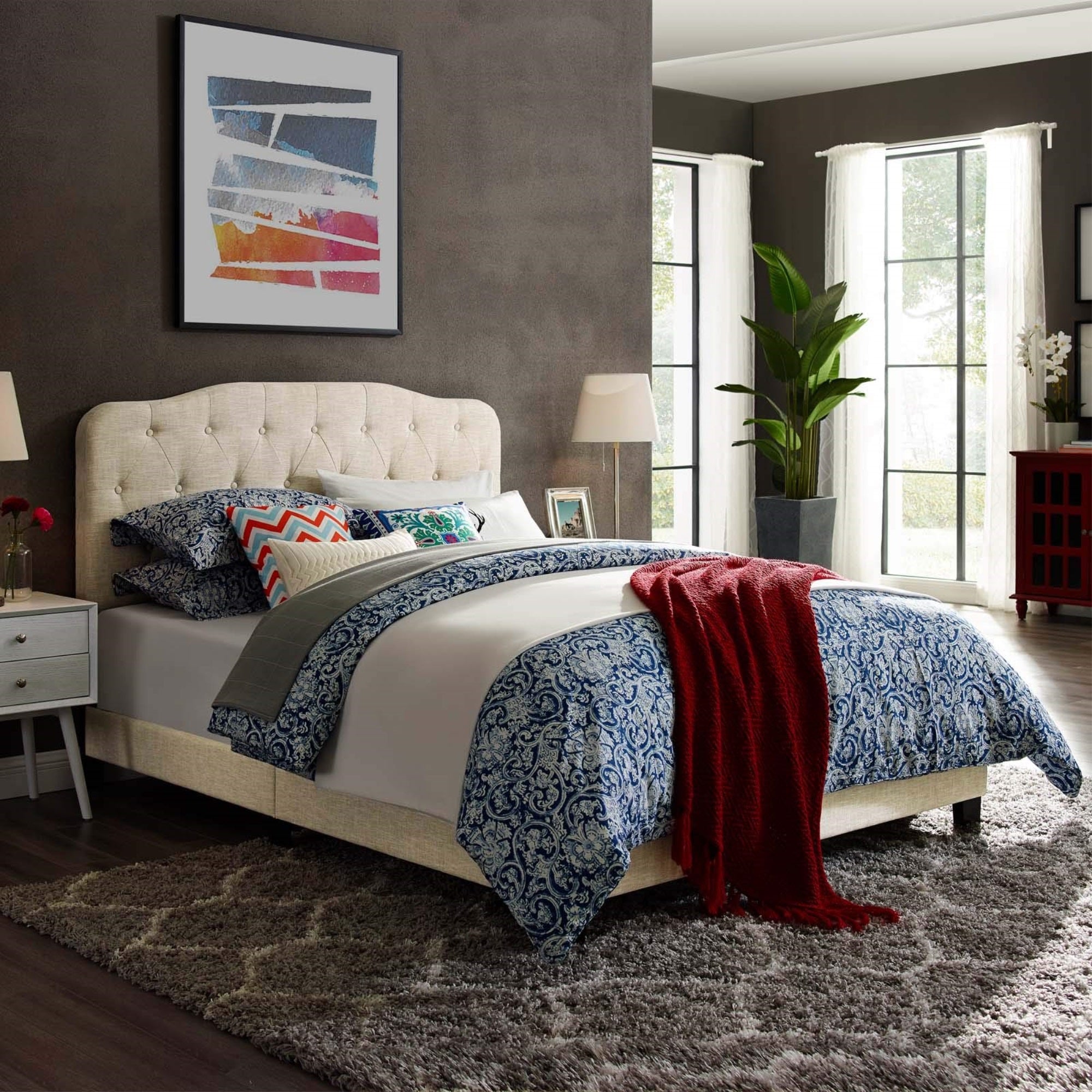 Casafoyer Amelia Tufted Fabric Upholstered Full Platform Bed In Beige