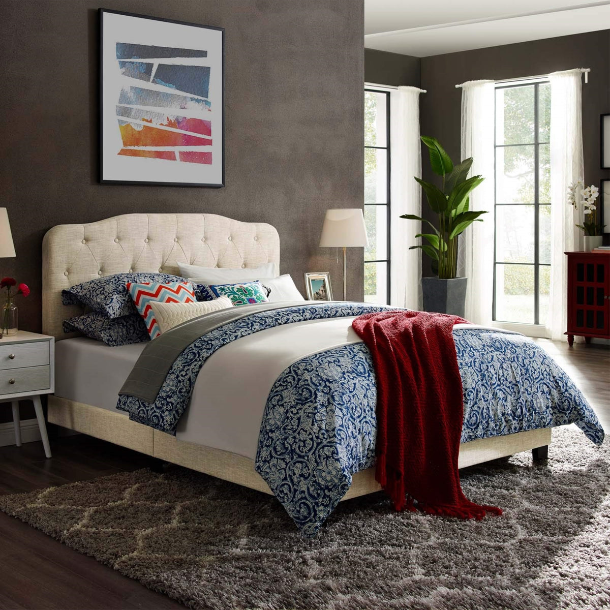Casafoyer Amelia Tufted Fabric Upholstered Full Platform Bed In Beige