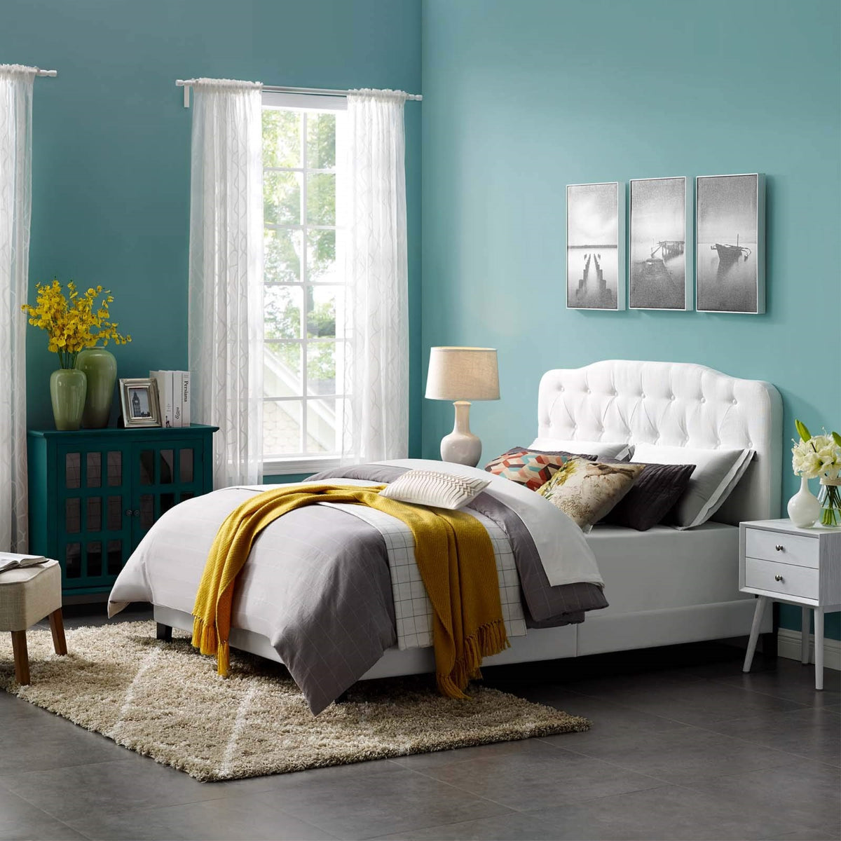 Casafoyer Amelia Tufted Fabric Upholstered Full Platform Bed In White