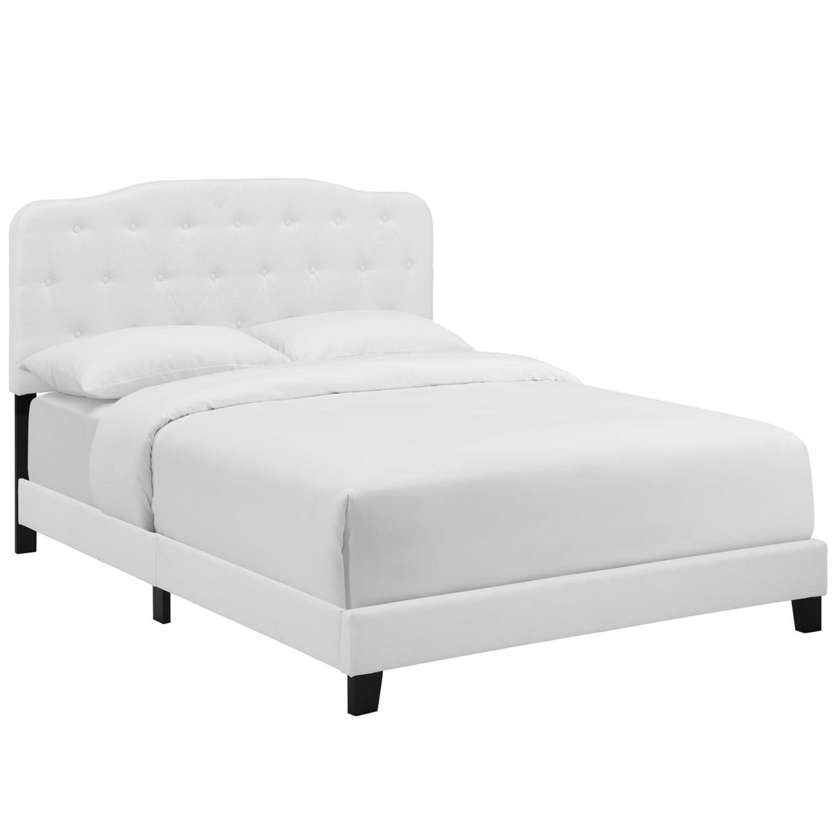 Amelia Queen Bed - Luxurious, Chic Design, Button-Tufted Headboard, Solid Wood Construction, Soft Polyester Fabric, Non-Marking Wood Legs. Supports Up To 800 Lbs. (White)