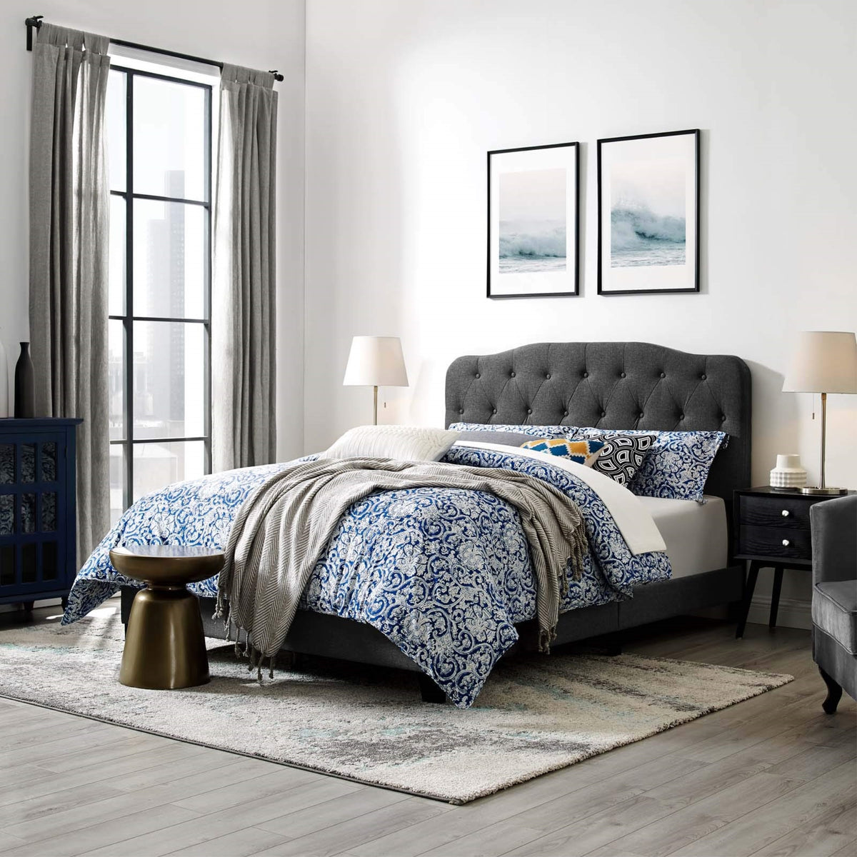 Casafoyer Amelia Tufted Fabric Upholstered King Platform Bed In Gray